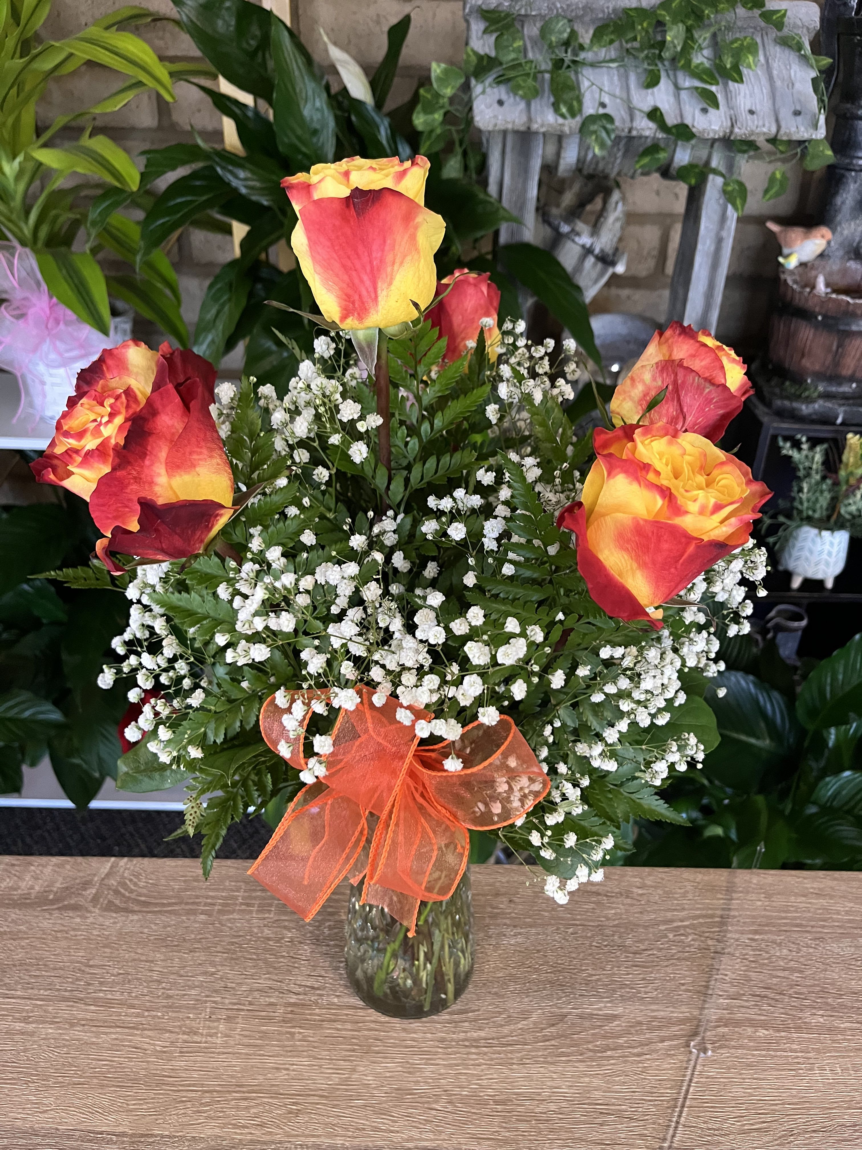 Fall season Roses  - Six Roses in greenery and baby breath 
