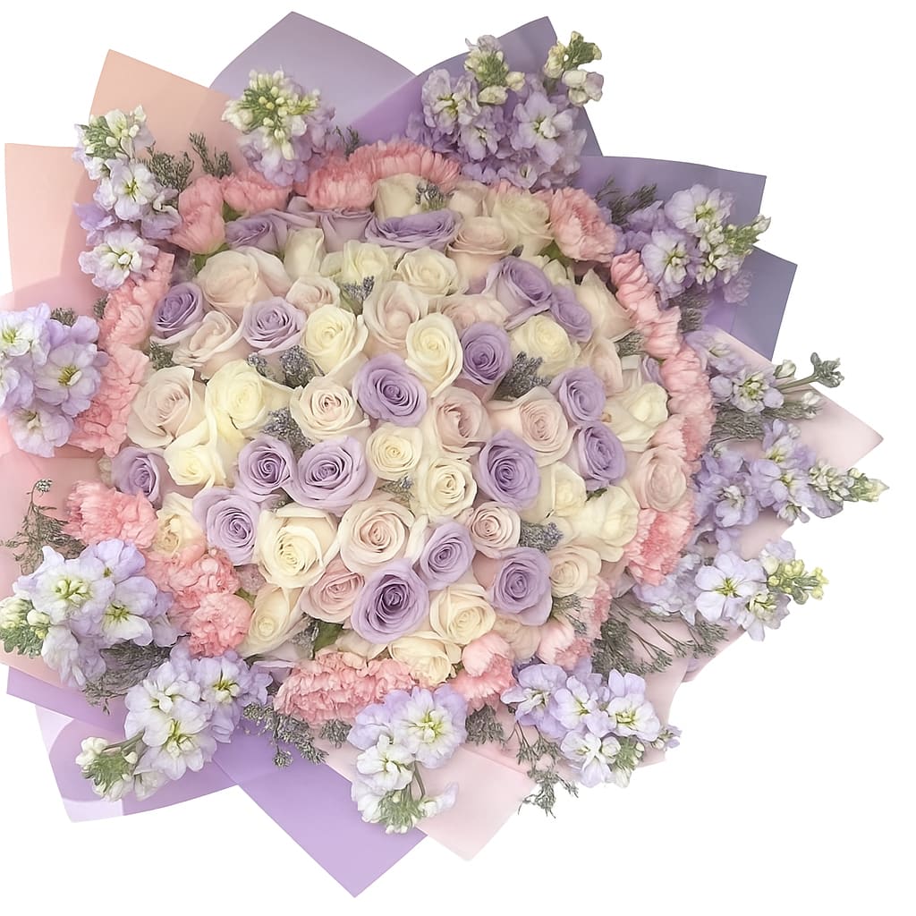 50 Rose Lavendar and Cream Ramo Buchónes - This luxury pastel bouquet features a stunning mix of lavender roses, cream roses, pink carnations, and lilac stock flowers. Wrapped in soft shades of blush and purple, this arrangement is perfect for anniversaries, birthdays, weddings, Valentine’s Day, Mother’s Day, or as a romantic surprise.  Crafted in the elegant Ramo Buchón style, this oversized bouquet makes a show-stopping floral gift to express love, admiration, and celebration.  25 Cream Roses 25 Lavendar/Pastel Roses 25 Pink Carnations Lavendar or Cream Stock.  Wrapped in Lavendar, Pink or Cream Paper.