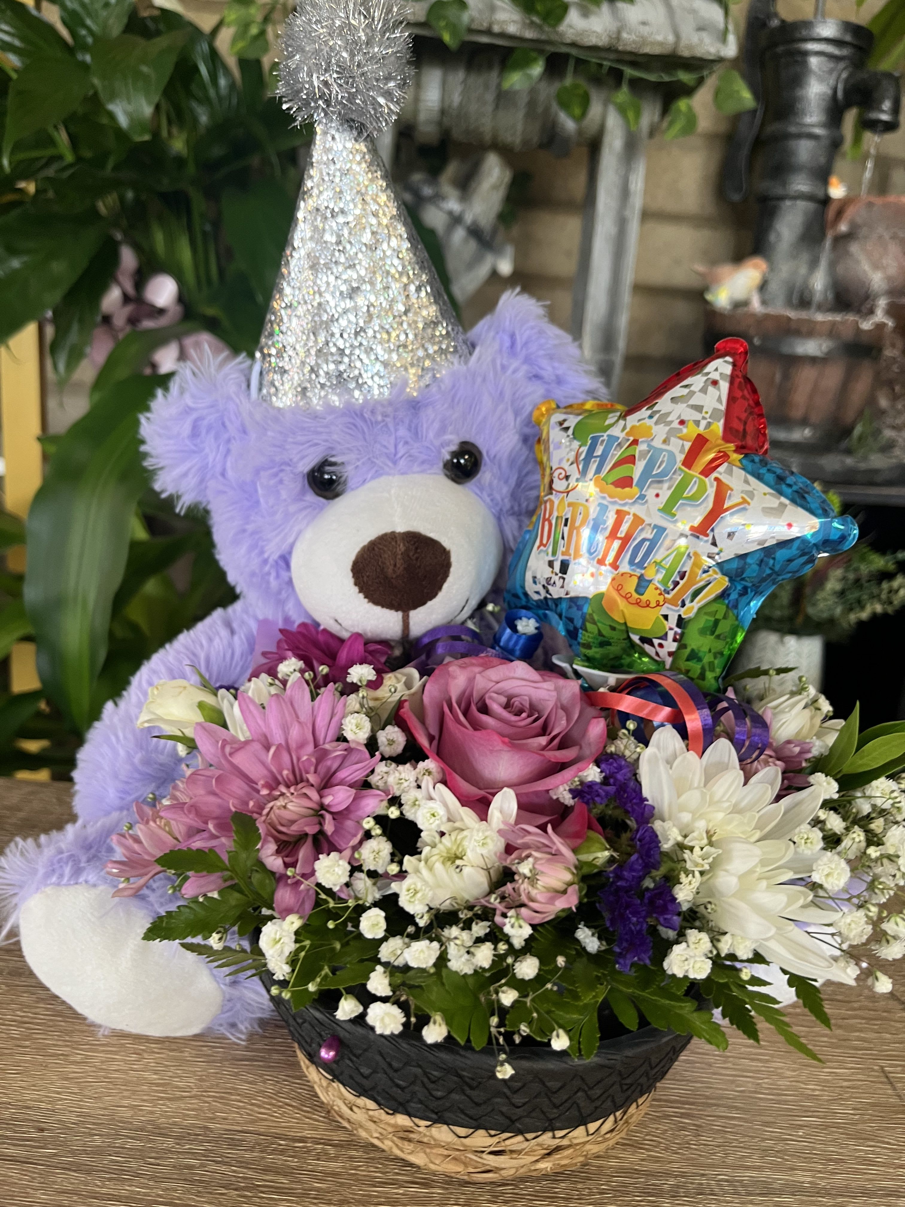 Purple Birthday  - fresh flowers in basket with bear and  small 4 inch ballon 