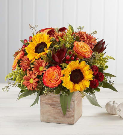 Autumn Charm  -  The color and charm of an autumn country harvest inspired our farmhouse-style bouquet. A loose, natural gathering of blooms in vibrant shades of red, orange and yellow creates the perfect complement to our rustic,  wooden cube. With its soft tones and natural textures, it’s an ideal container for flowers and plants, adding warm and coziness to any fall décor.
