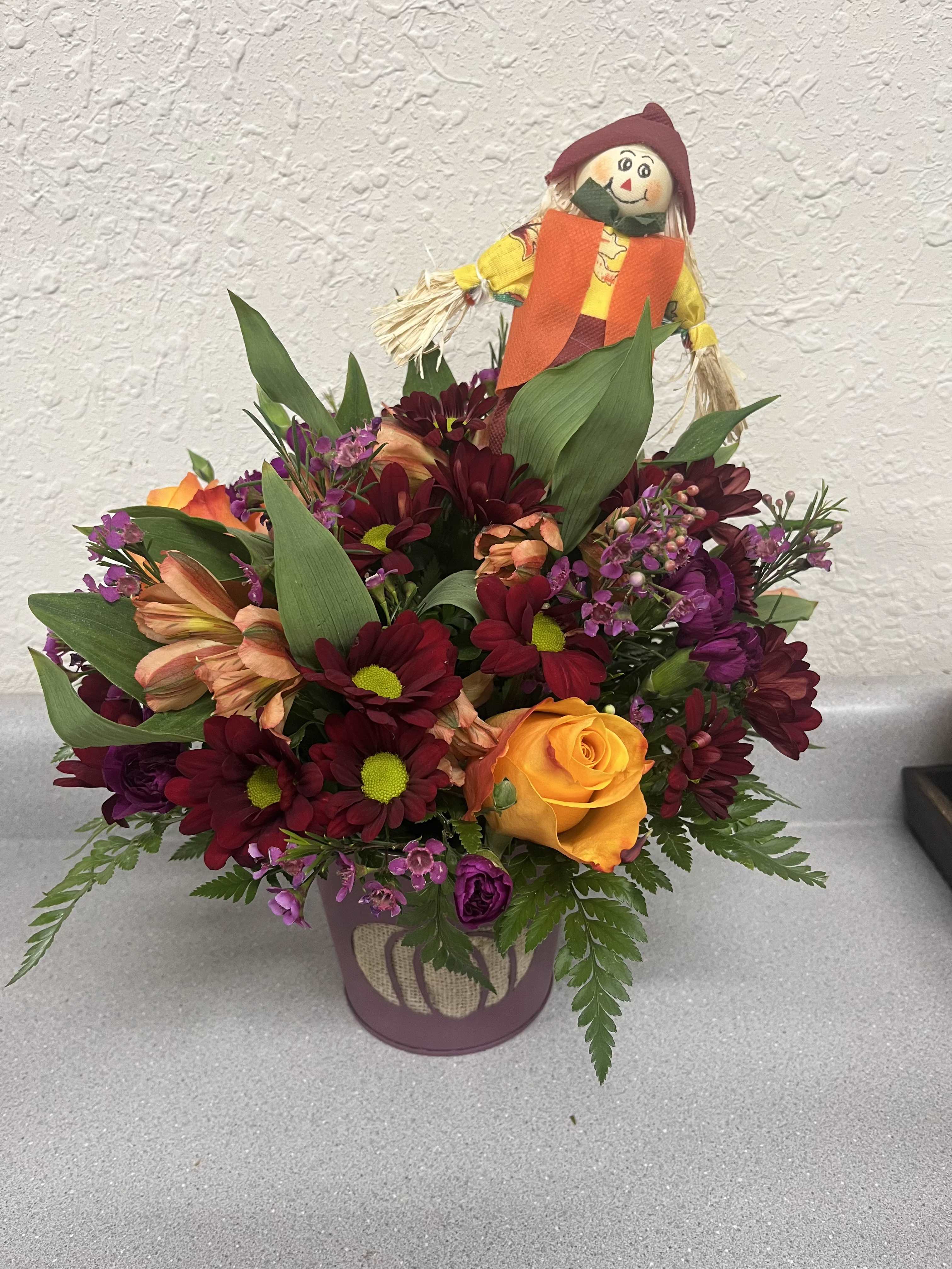 Hello Pumpkin - Looking for a fun fall arrangement? This adorable arrangement features an array of fall colors with a scarecrow in a purple pumpkin container. 