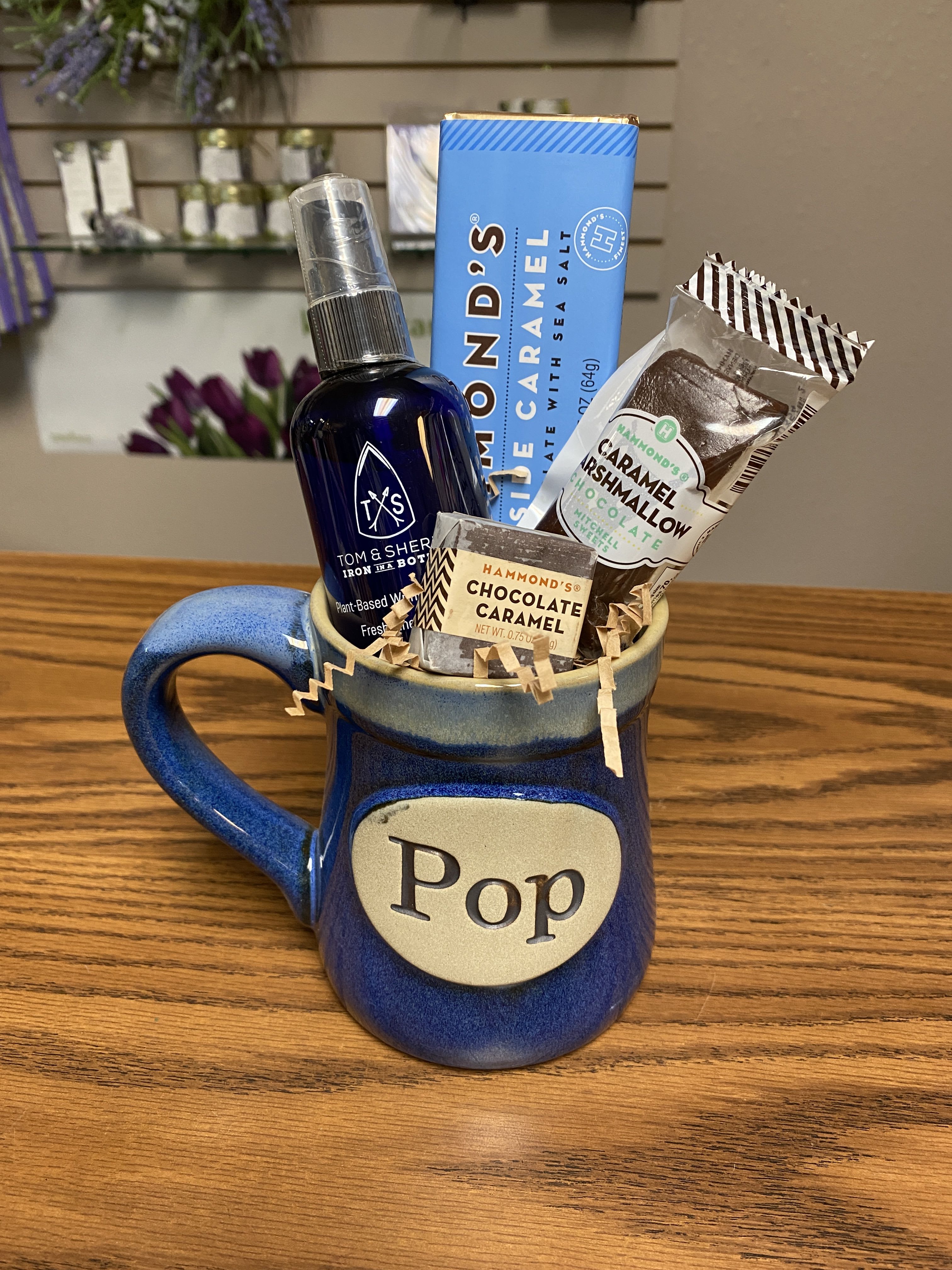Pop Gift Set Pop Gift Set - Send love to your Pop this Father's Day with this mug set! The set includes: 1 Pop Mug, 1 3oz Iron in a Bottle Spray, 1 Hammond's Seaside Caramel Chocolate Bar, 1 Hammond's Chocolate Caramel Marshmallow, and 1 Chocolate Caramel