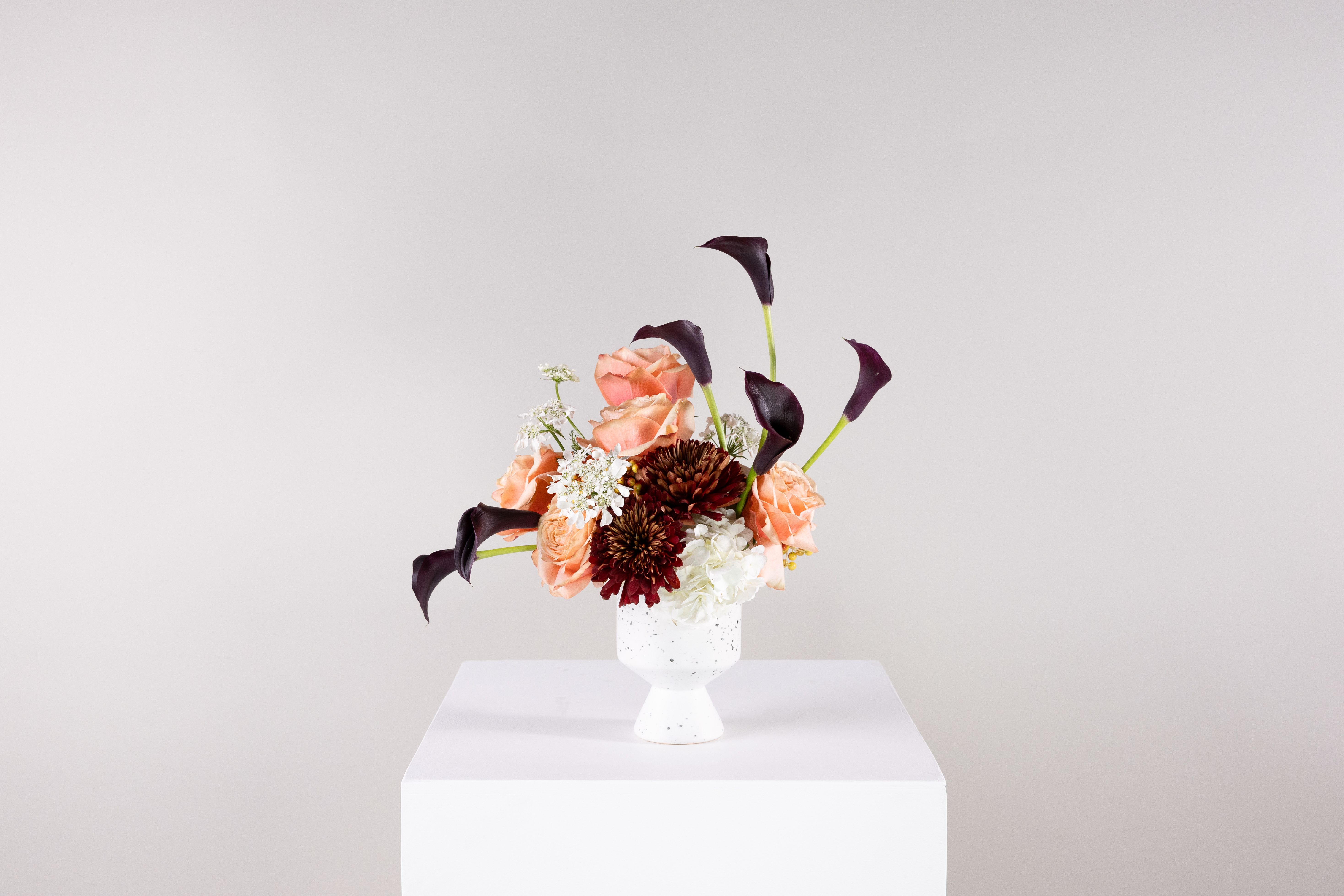 Day by Day - This stunning floral arrangement showcases an artful blend of graceful forms and soft, refined hues. Dramatic deep-purple Calla Lilies, lush peach roses, and dark burgundy mums add a romantic and expressive touch, while clusters of airy white Queen Anne's Lace and hydrangea bring movement and a sense of lightness. Presented in a classic white speckled ceramic container, this arrangement radiates both modern charm and timeless sophistication—like a still moment captured in a blooming dreamscape. Perfect for adding a touch of contemporary elegance to any setting, or as a thoughtful gift for those who appreciate unique floral artistry.