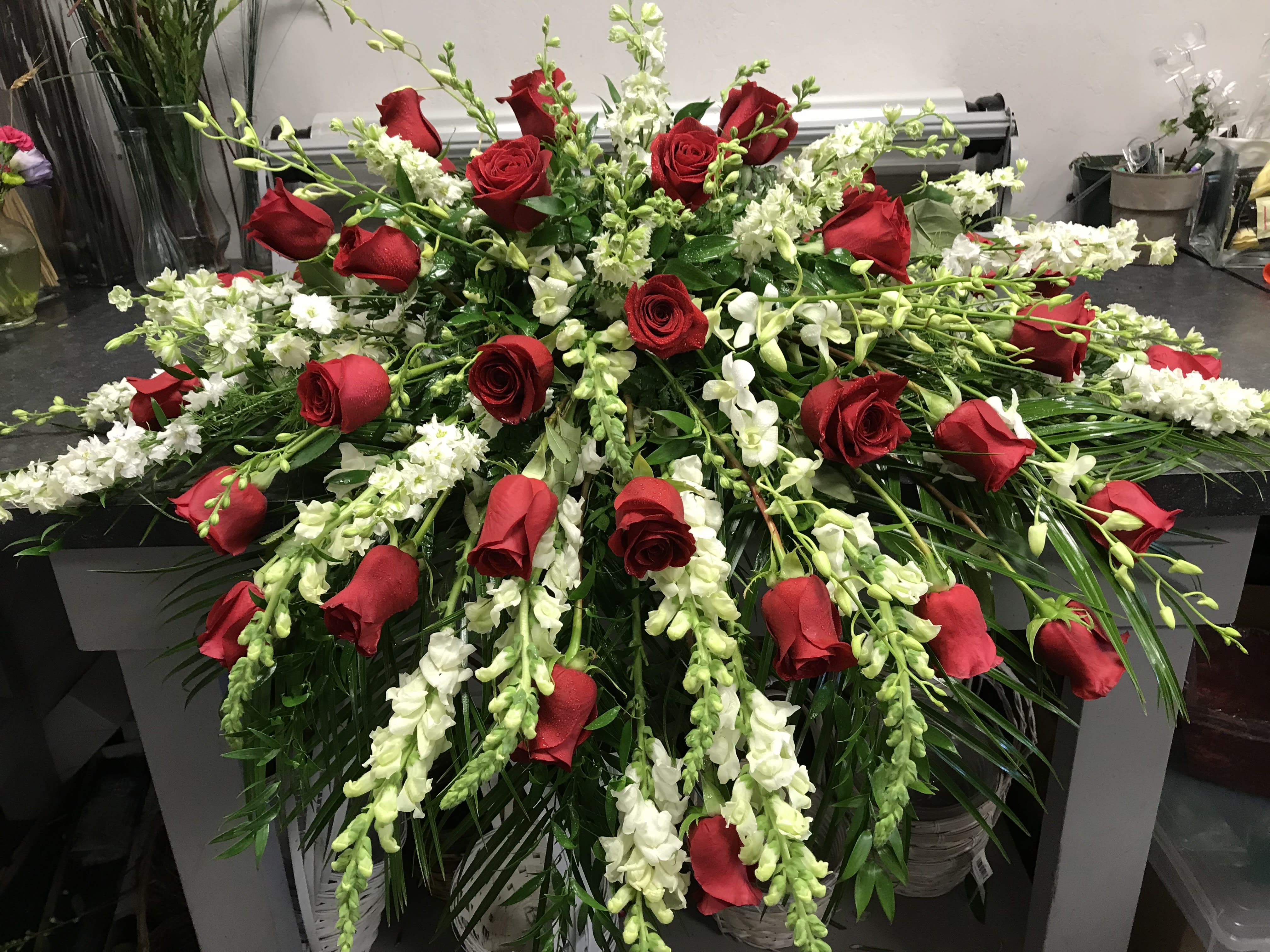  Sincerity Casket Spray - Casket Spray with red and white flowers