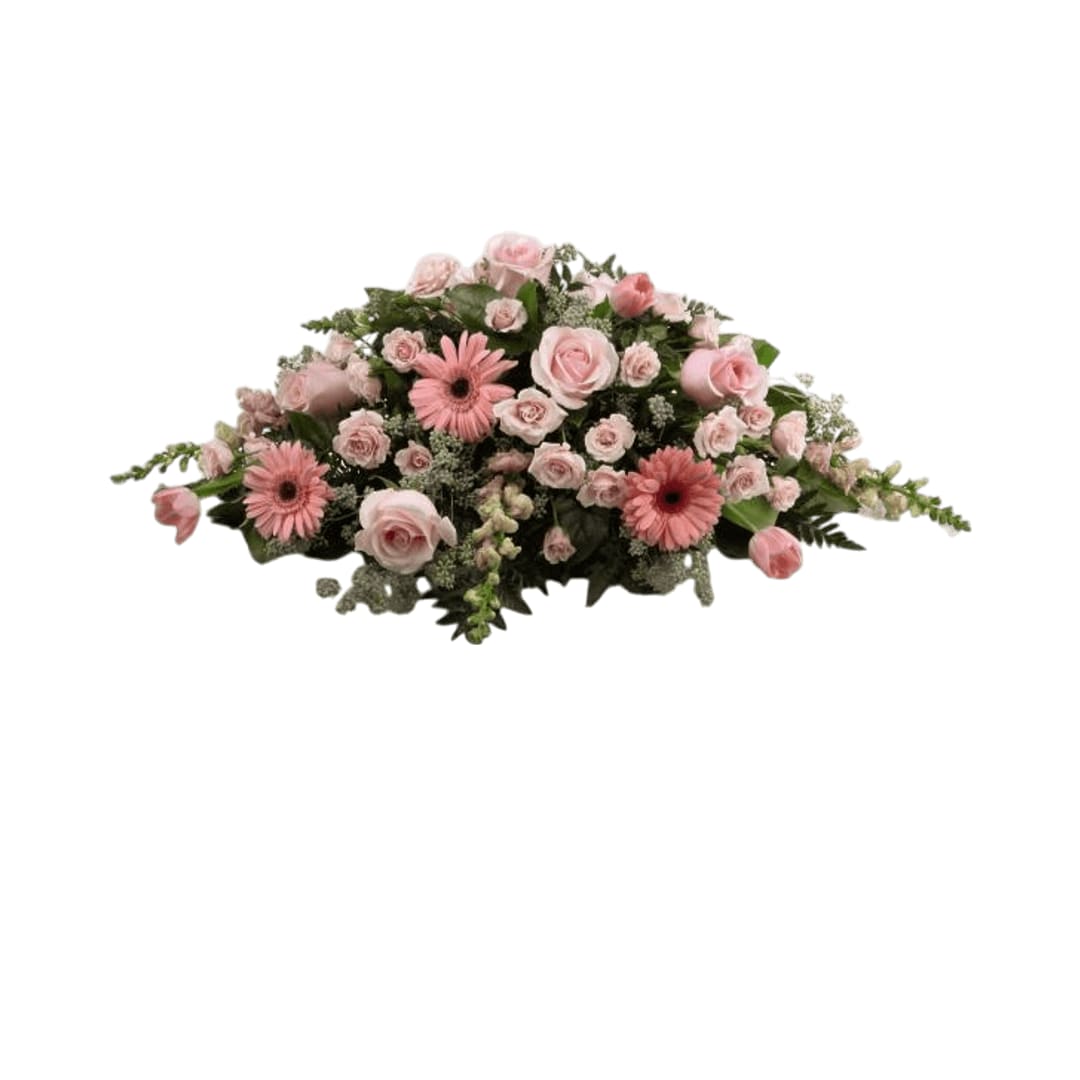 Sweet Farewell Casket Spray Sweet Farewell Casket Spray - Sweet Farewell Casket Spray exudes an atmosphere of grace and soft serenity to commemorate a life lived with warmth and caring kindness. Blushing pink roses, gerbera daisies, spray roses, tulips and snapdragons are offset by a variety of lush greens and lovingly arranged to create a stunning accent piece intended to adorn the top of their casket at their memorial service.