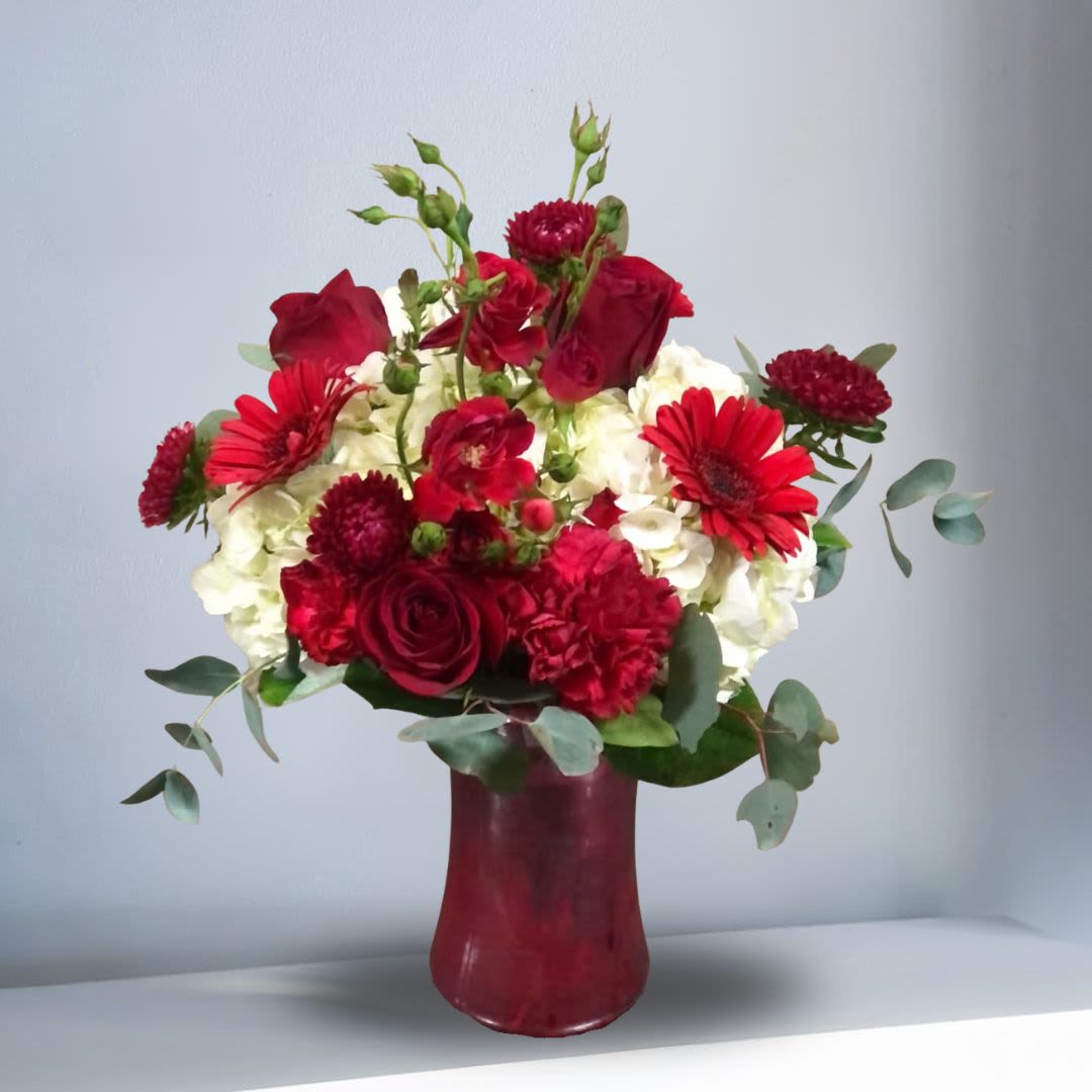 You're in my Heart - This red and white arrangement is perfect for a loved one.  The arrangement includes hydrangea, red gerbera daisies, red roses, red spray roses, and mini carnations in a short red vase.