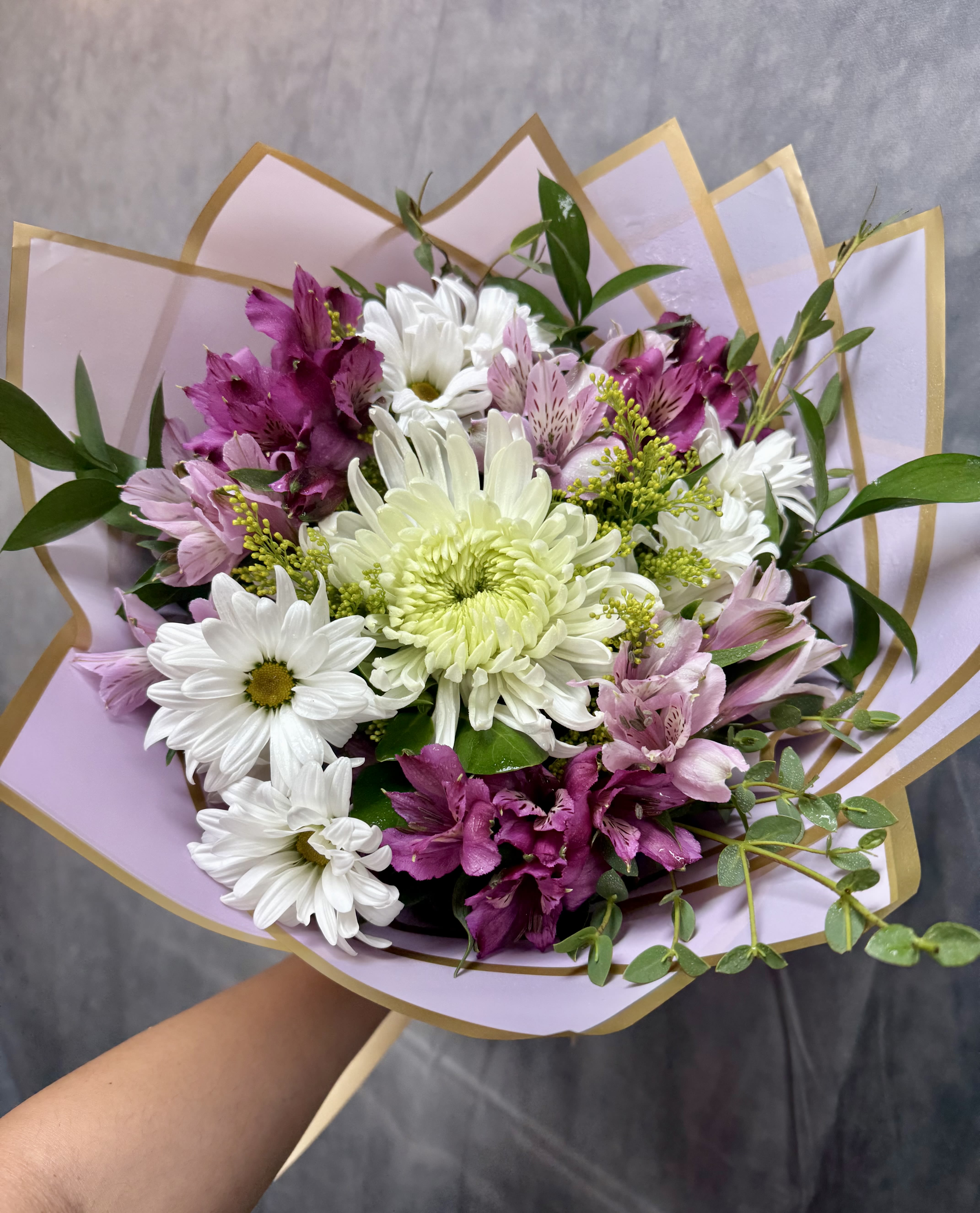Emma Bouquet  - introducing Our New Design Luna hand tied bouquet, beautifully arranged with mum, alstroemeria, daisies fillers and greenery