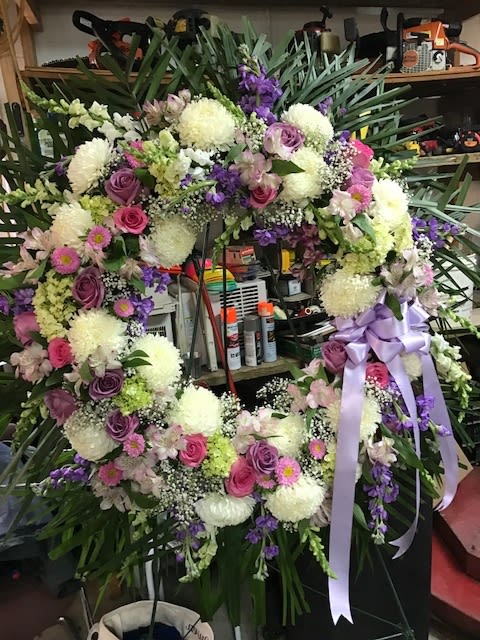 white, purple and pink wreath - funeral wreath with roses and mums, hydrangeas, and stock
