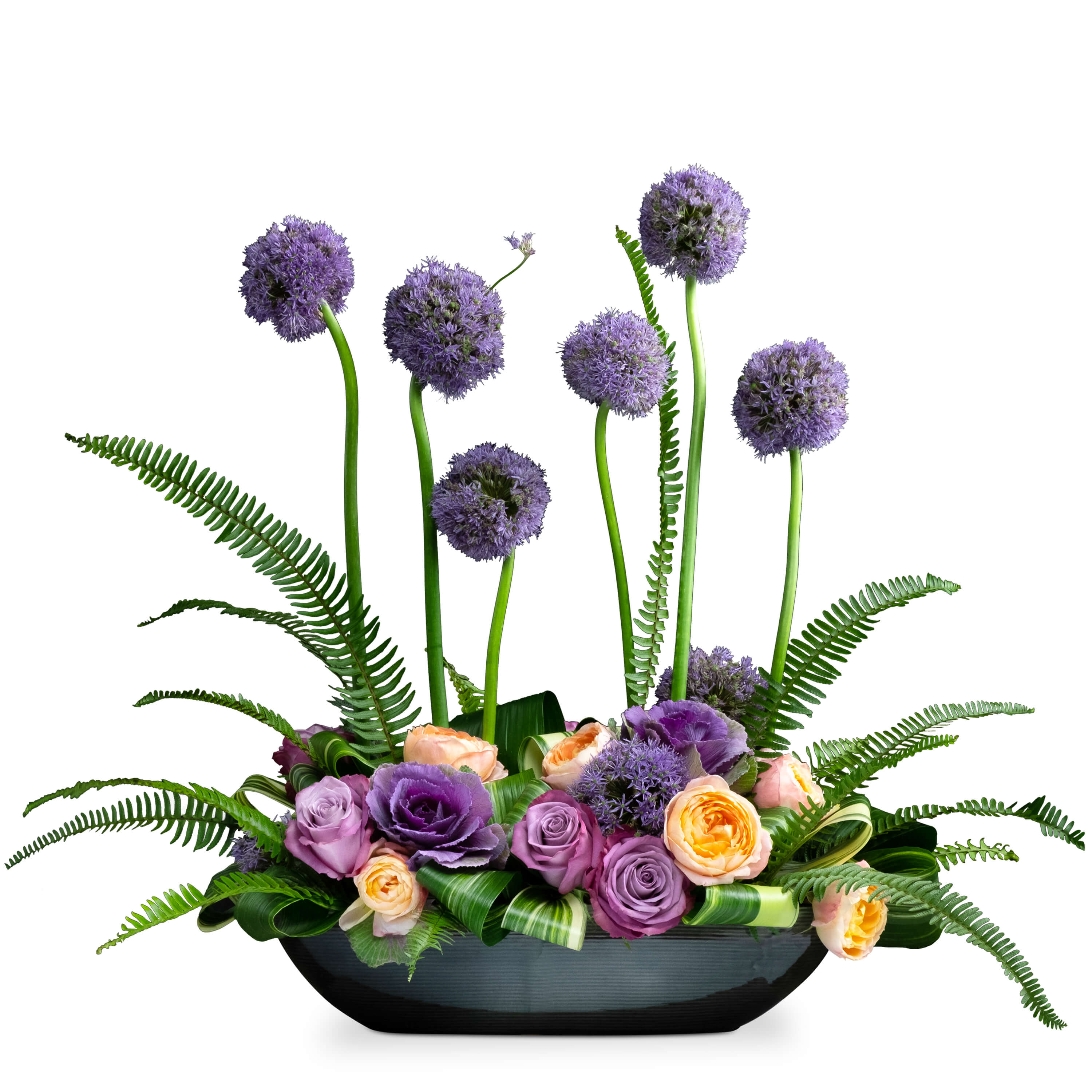 Dancing Dancing - A modern arrangement featuring long stem allium dancing above a vibrant arrangement of purples and peach featuring blooms like roses and kale brought to life with flowing Florida foliage like sword fern and aspidistra. DGTMF1302