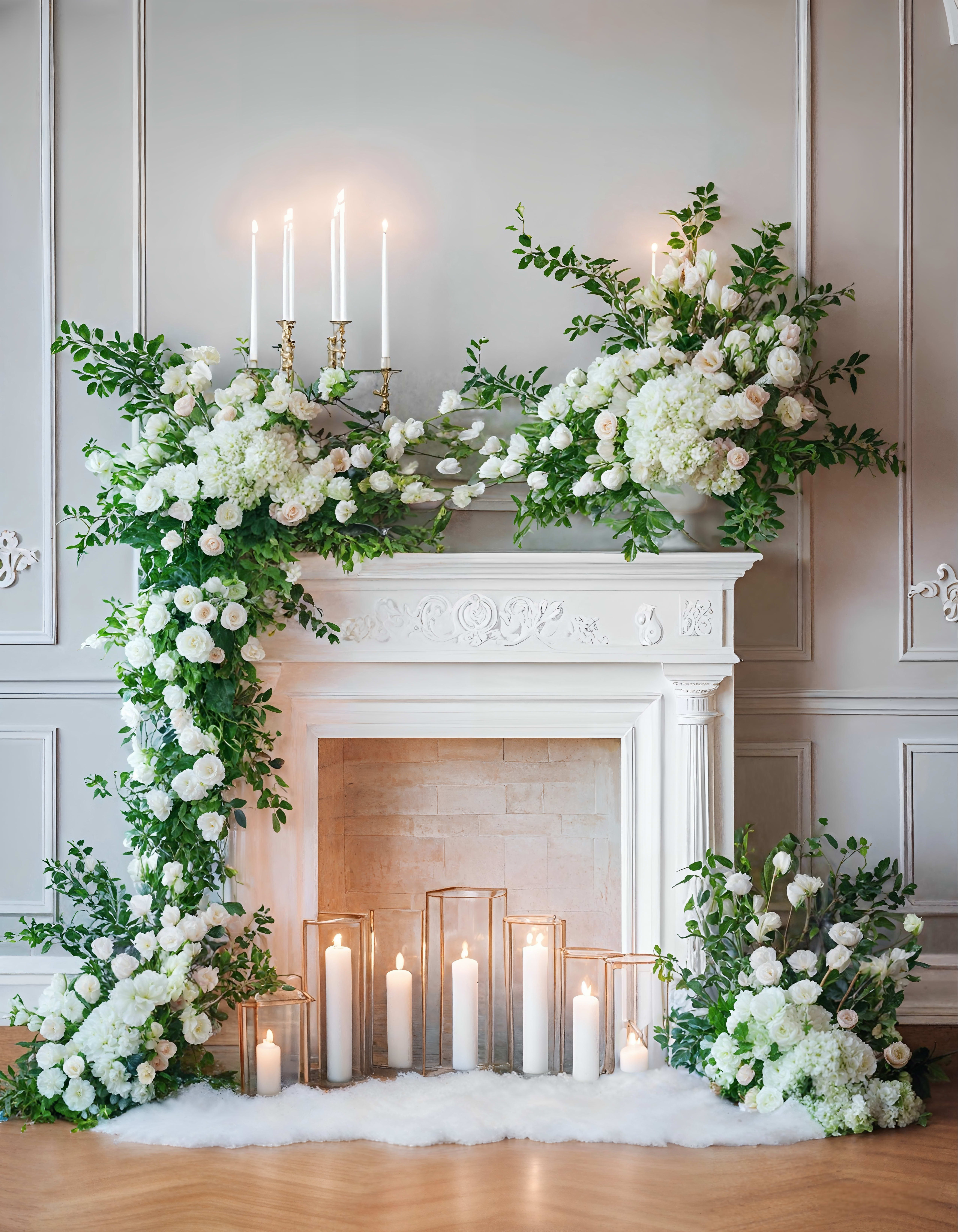 Floral Hearth Elegance - Transform your wedding with a custom-decorated fireplace adorned with fresh white flowers and greenery. Our designs add warmth and romance to your special day. Let this unique centerpiece captivate your guests!
