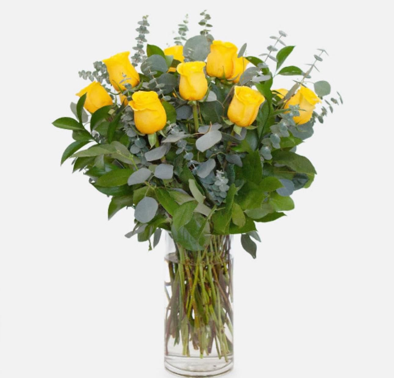 Dozen yellow roses in a vase  - Dozen yellow roses in a vase with eucalyptus
