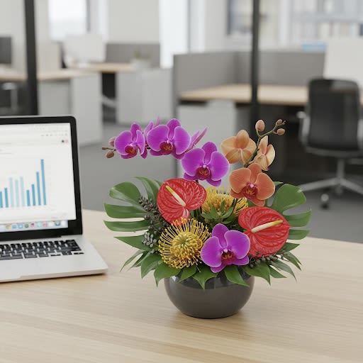 Executive Glow By Black Cat Florist - The 'Executive Glow' arrangement is a vibrant and unique desktop accent, designed to brighten any office. This small, low-profile design is a full display of tropical color, featuring orchids in brilliant fuchsia and orange, with bold red anthuriums and yellow pincushion protea. Arranged in a sleek modern container, this piece is a sophisticated and energizing addition to a desk or credenza.