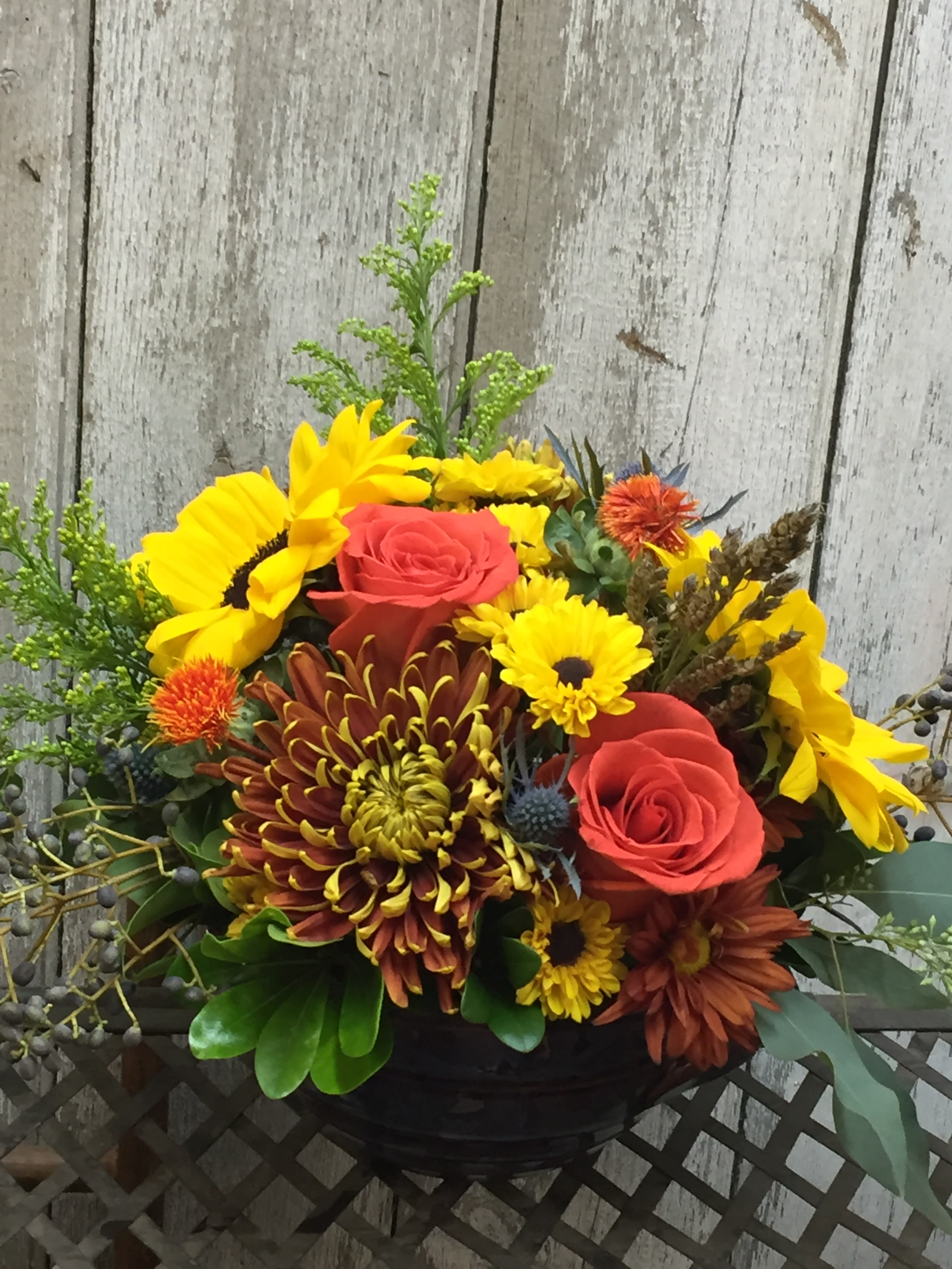 Bowl full of Fall Bowl full of Fall - An oven safe baking dish comes packed with fall goodies....sunflowers, roses,mums and more...