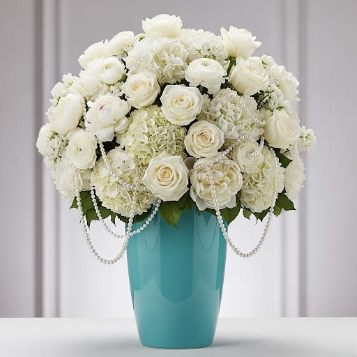 Fifth Avenue in Bloom By Black Cat Florist Fifth Avenue in Bloom By Black Cat Florist - The Fifth Avenue Arrangement is a grand and breathtaking display of pure white elegance, designed to evoke the timeless luxury and unparalleled style of a metropolitan masterpiece. This opulent, elevated arrangement features an abundant collection of pristine white blooms, including sumptuous peonies, classic roses, delicate ranunculus, and full hydrangeas, creating a lavish, dome-shaped presentation. Cascading strands of delicate pearls are artfully woven throughout, adding a touch of refined glamour. Housed in a tall, polished vase of serene blue, this piece is the ultimate statement of sophistication and enduring beauty, perfect for grand entrances, luxurious events, or as a magnificent centerpiece in an upscale home.