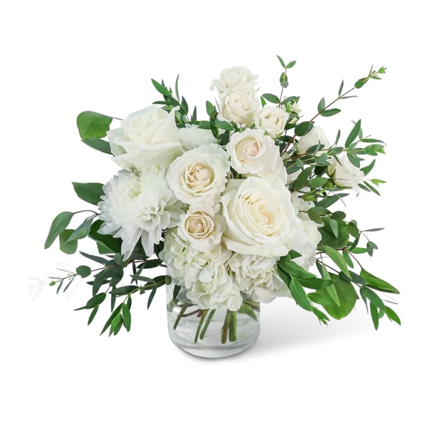 White Linen Bouquet White Linen Bouquet - New beginnings deserve flowers! This all white monochrome arrangement full of white roses, white hydrangeas, eucalyptus and other seasonal white blooms. White Linen is the perfect gift for celebrating a new year, a new baby, or a newly married couple. Arranged round and delivered in a clear glass cylinder. APPROXIMATE DIMENSIONS 13" W X 14" H Orientation: All around