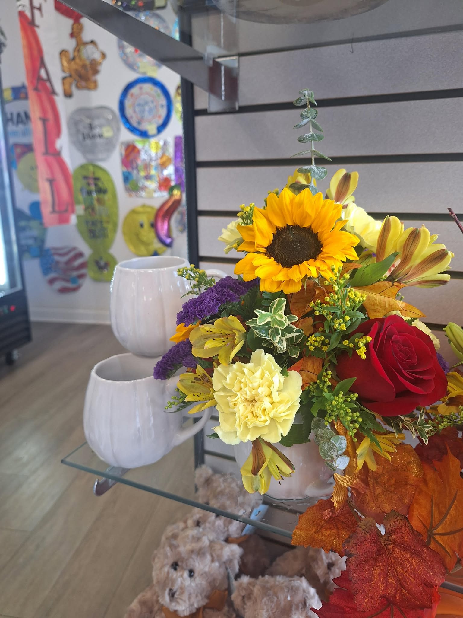 White Pumpkin Mug Bouquet - white pumpkin mug keepsake floral bouquet add any 18in mylar balloon , stuffed animal, or box of chocolates.