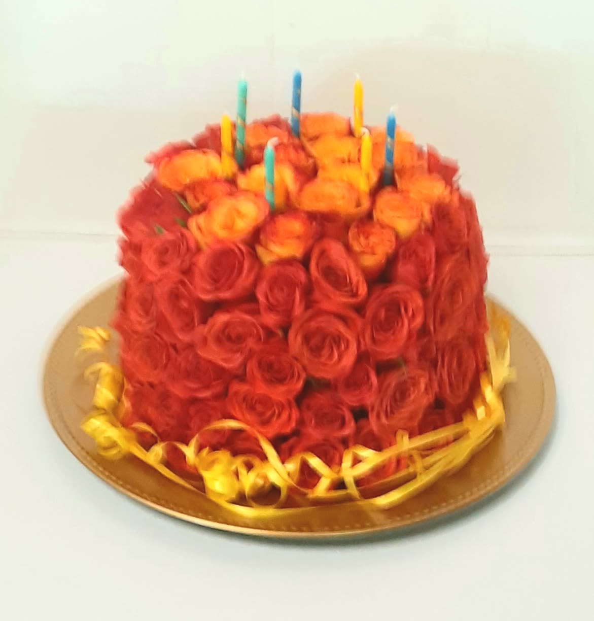 Happy Birthday Flower Cake * Premium Cake for Fall Shown*($89) - A fresh and beautiful fresh flower cake of assorted flowers and candles. Cake plate and flowers will vary. Standard cake consists of daisies, mums and mini carnations.