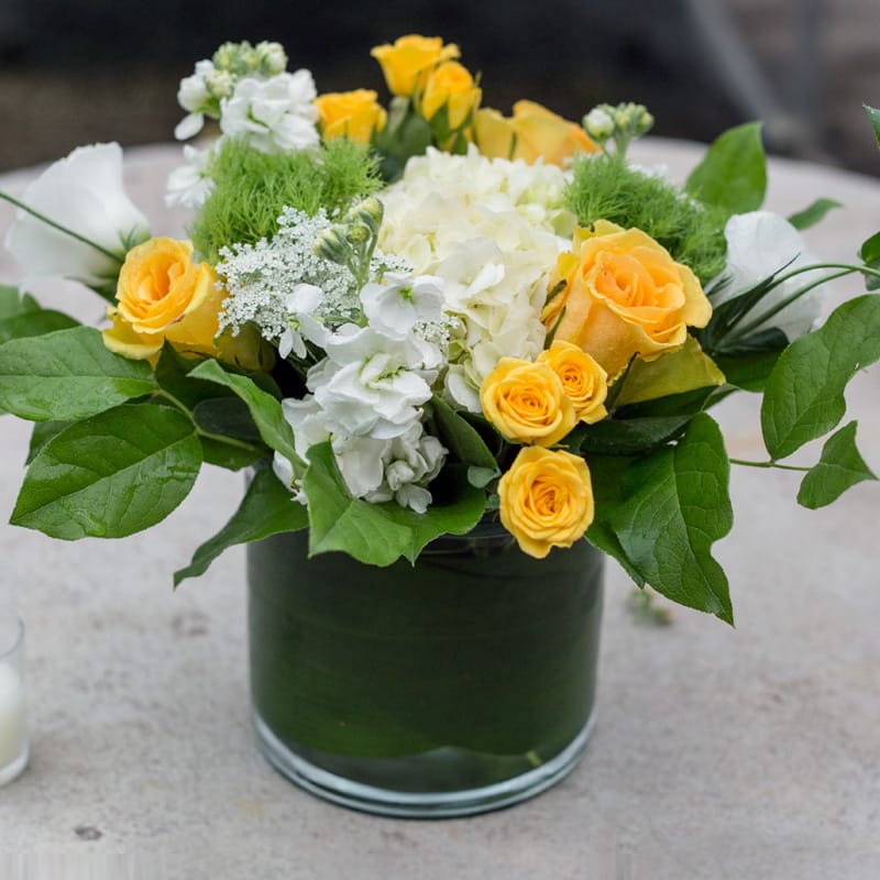 Yellow Burst Mix - White hydrangeas, stock, spray roses, green moss, and high and exotic yellow roses make up this stunning arrangements in a glass cylindrical vase. 