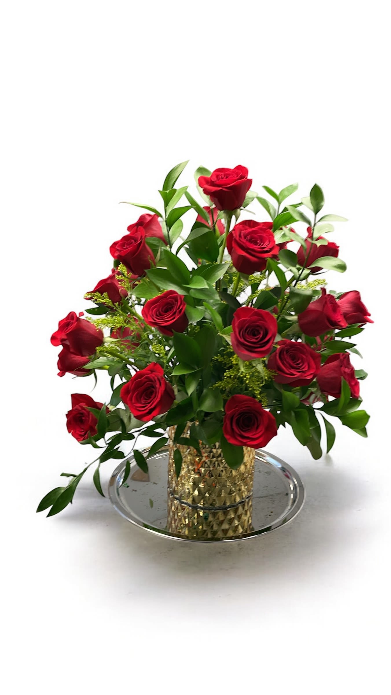Roses are red  Roses are red  - I can’t pull live Google keywords, but I can craft a description using commonly searched terms that align with your image. Here’s a polished description you can use:  A stunning red rose arrangement displayed in a gleaming golden vase, set against a clean white backdrop to highlight every detail. Deep, velvety red roses contrast with lush green foliage, while subtle yellow-green filler blooms add delicate brightness. The bouquet’s compact, oval-to-triangular shape emphasizes fullness and structure, with roses densely clustered for a lush, opulent look. The golden vase features a geometric pattern, adding texture and a touch of sophistication, and sits on a metallic tray that enhances the arrangement’s elegance. This composition is perfect for refined home decor, weddings, anniversaries, or special occasions, delivering timeless beauty and luxury