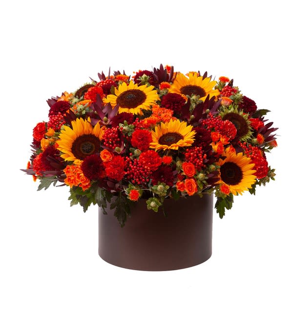 Vibrant box arrangement - Sunflowers bring joy and brightness, red roses express deep love, while orange and pink spray roses add energy, warmth, and tender affection. Together, this arrangement creates a vibrant and heartwarming display, ideal for making any moment truly unforgettable
