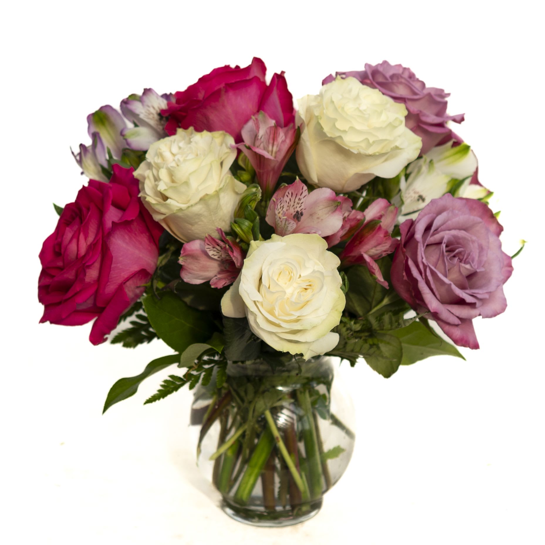 15 - 9 roses and 3 alstroemeria in a bubble bowl makes a perfect presentation for wishing a happy birthday or get well wishes. Lovely for the home or the hospital this arrangement is will surely bring on smiles.
