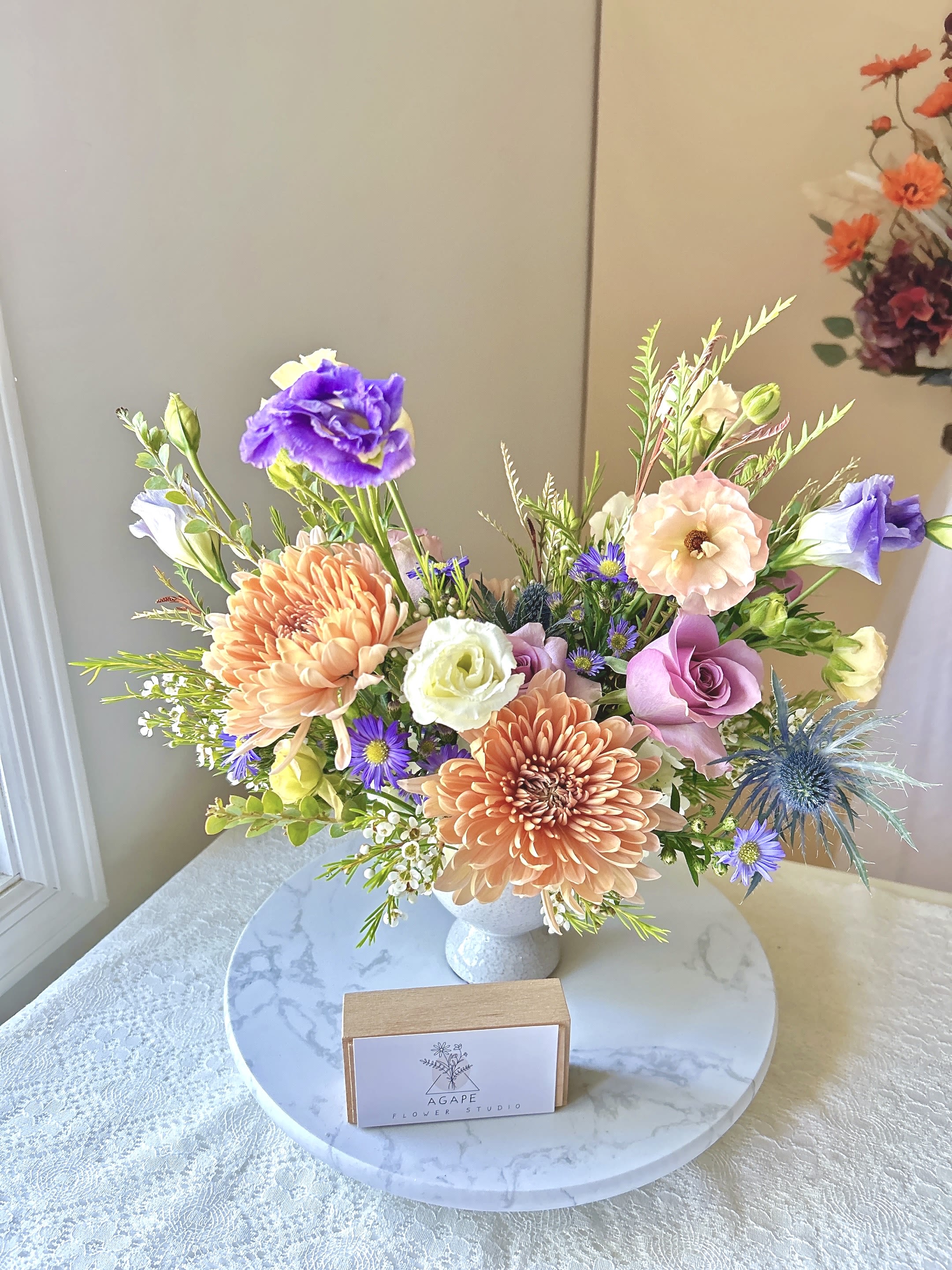 Seasons change  - Please keep in kind that no arrangement can be made identical to the photos shown (as some flowers are seasonal). Therefore, we will substitute them accordingly with in-season flowers instead. We will do our absolute best to arrange the flowers as similar as possible with the photos shown!   For Bouquets, we DO NOT include vases unless you add one.  For Vased Flowers, we include vases.   Right now, you can expect fall blooms sourced from local farms.   We use small ordinary 4in by 3in cards. If you want to send flowers with a special messaging card, please choose one from add-ons!  Delivery: our standard delivery time window is between 3:00pm and 5:00pm.   If you have any questions regarding the order, please feel free to contact us!   Email: agapeflower.studio25@gmail.com