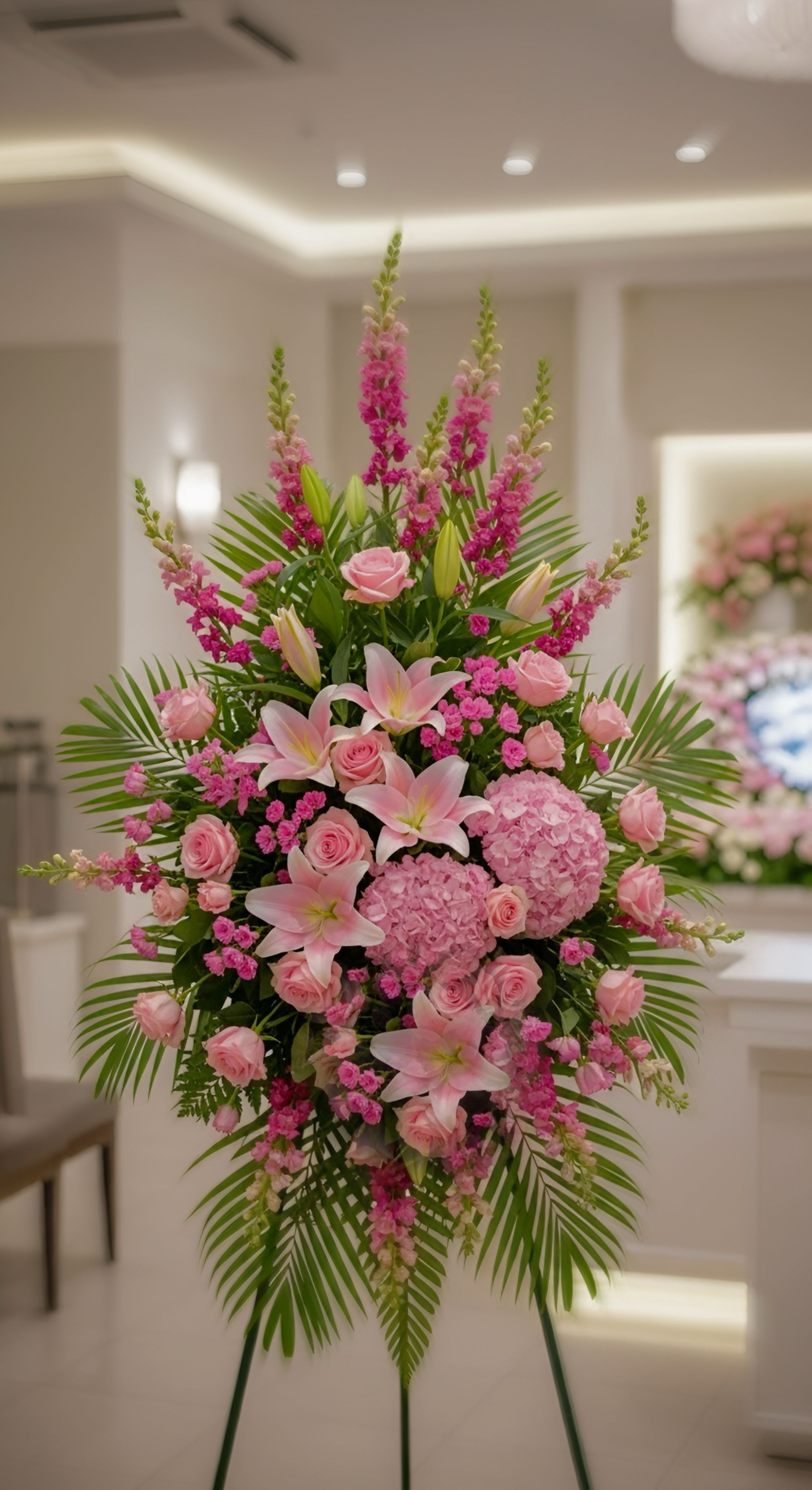 The Rose Lily  - A standing Spray adorned with different hues of pinks. A clean yet traditional design. This spray comes on a medium easel. 