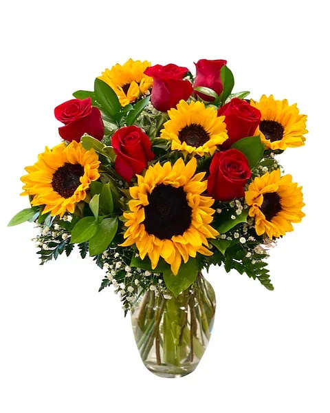 Roses &amp; Sunflowers in Glass Vase - 5-6 roses &amp; 4-5 sunflowers  