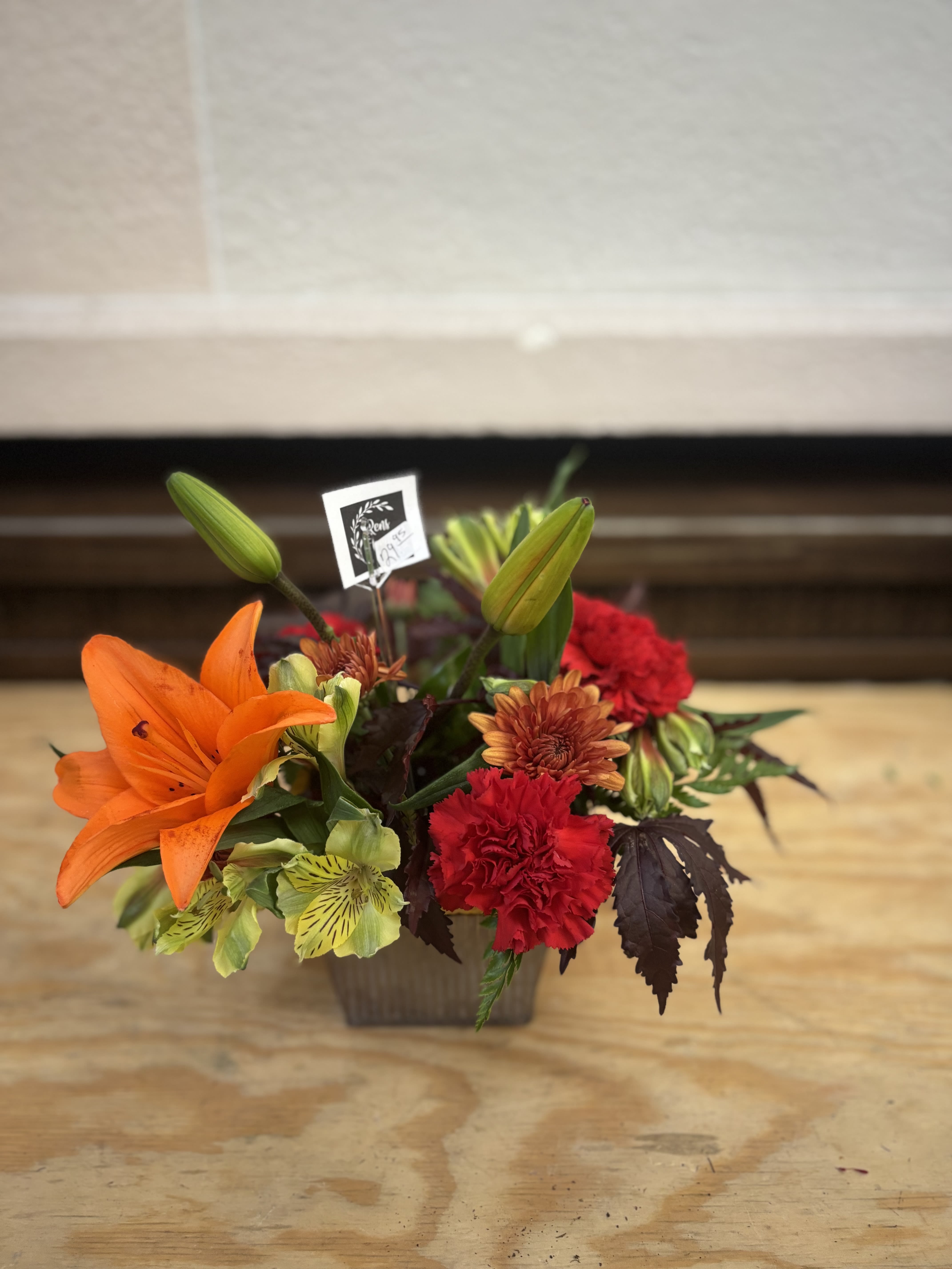 Fresh Mini Fall Square  - A small square tin filled with fresh flowers.