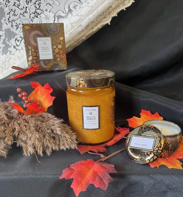 Baltic Amber Volupsa Candle - Candles available is 3 sizes. Standard 4oz. Mini Tin, Deluxe 9oz glass jar candle, and Premium 18oz glass jar candle.