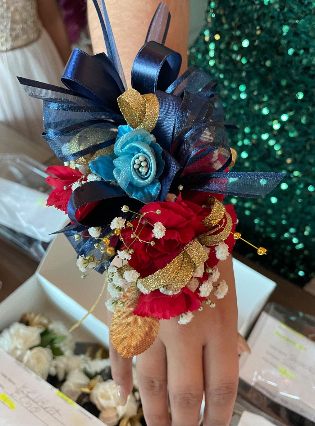 Corsage 2  - Corsage - Carnations Sample - May vary in color or embellishments.  Note: Please indicate color of ribbon in special notes and Cadets Name  and Company of your Cadet.   For cadets and more
