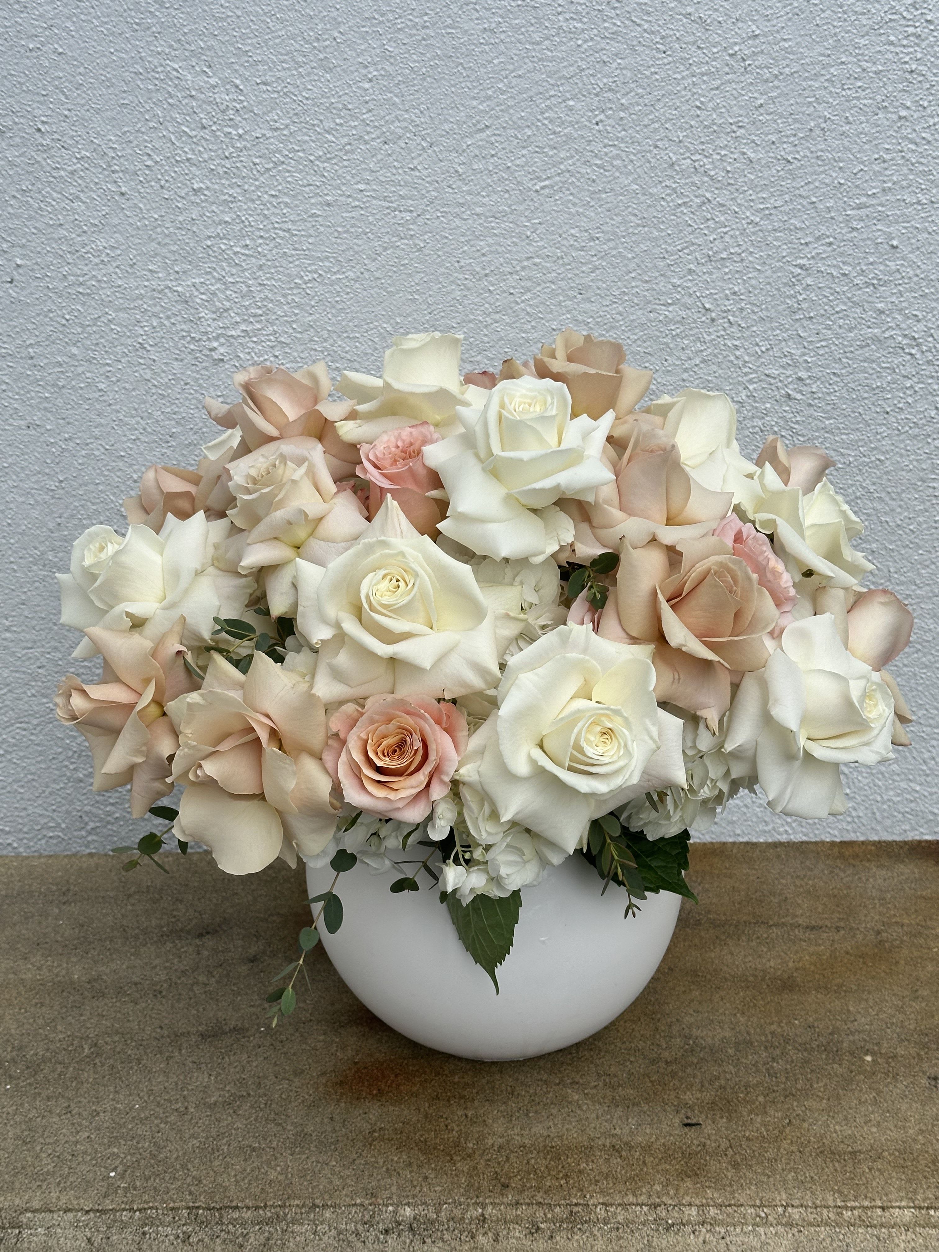 Elegance and Romance - Mixed white, nude and ivory French roses with white hydrangeas and rich foliage in a 8 inch white Ceramic pot.