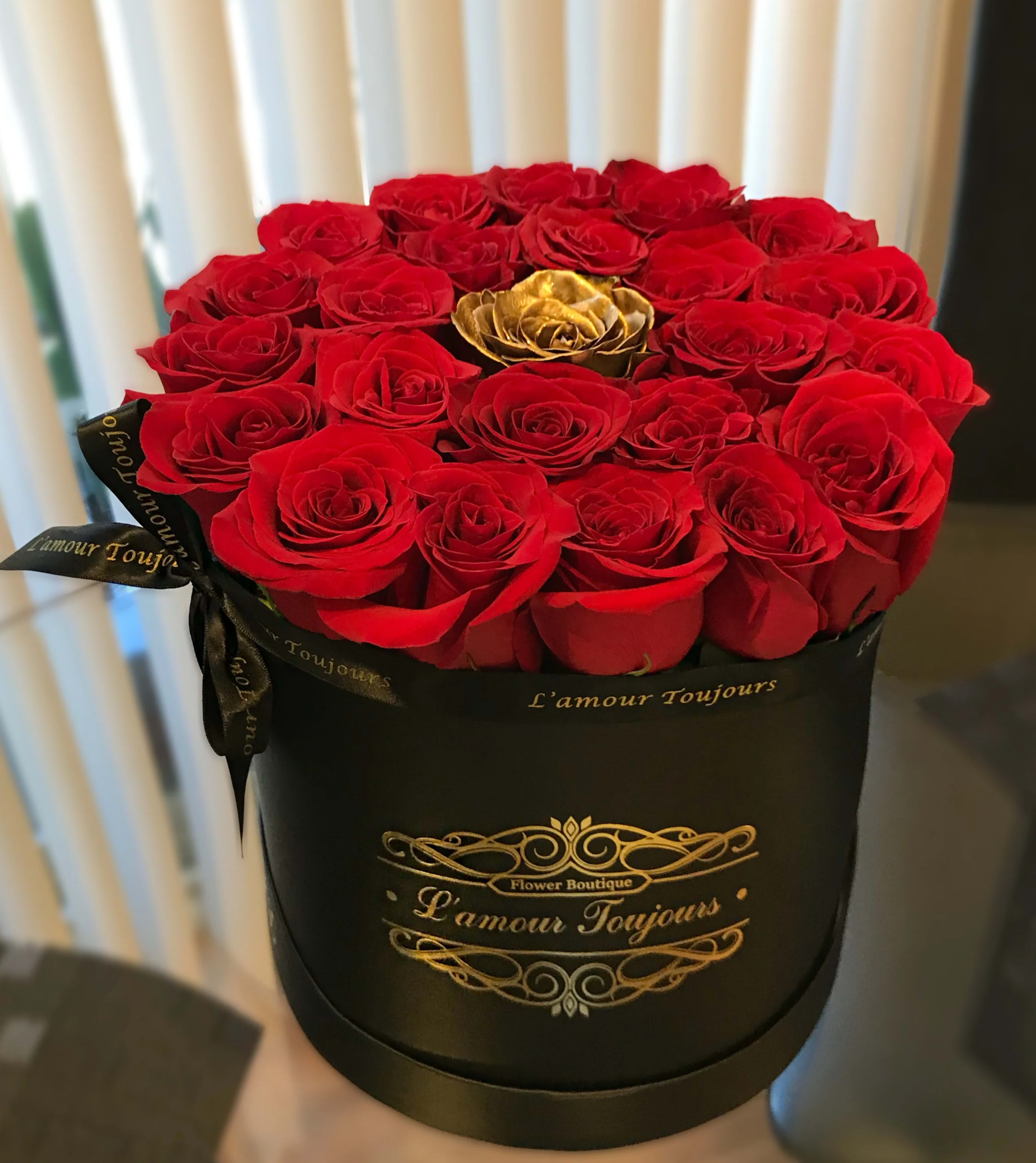Little Black Signature Box  - 2 dozen Fresh Premium Red Roses plus one Gold