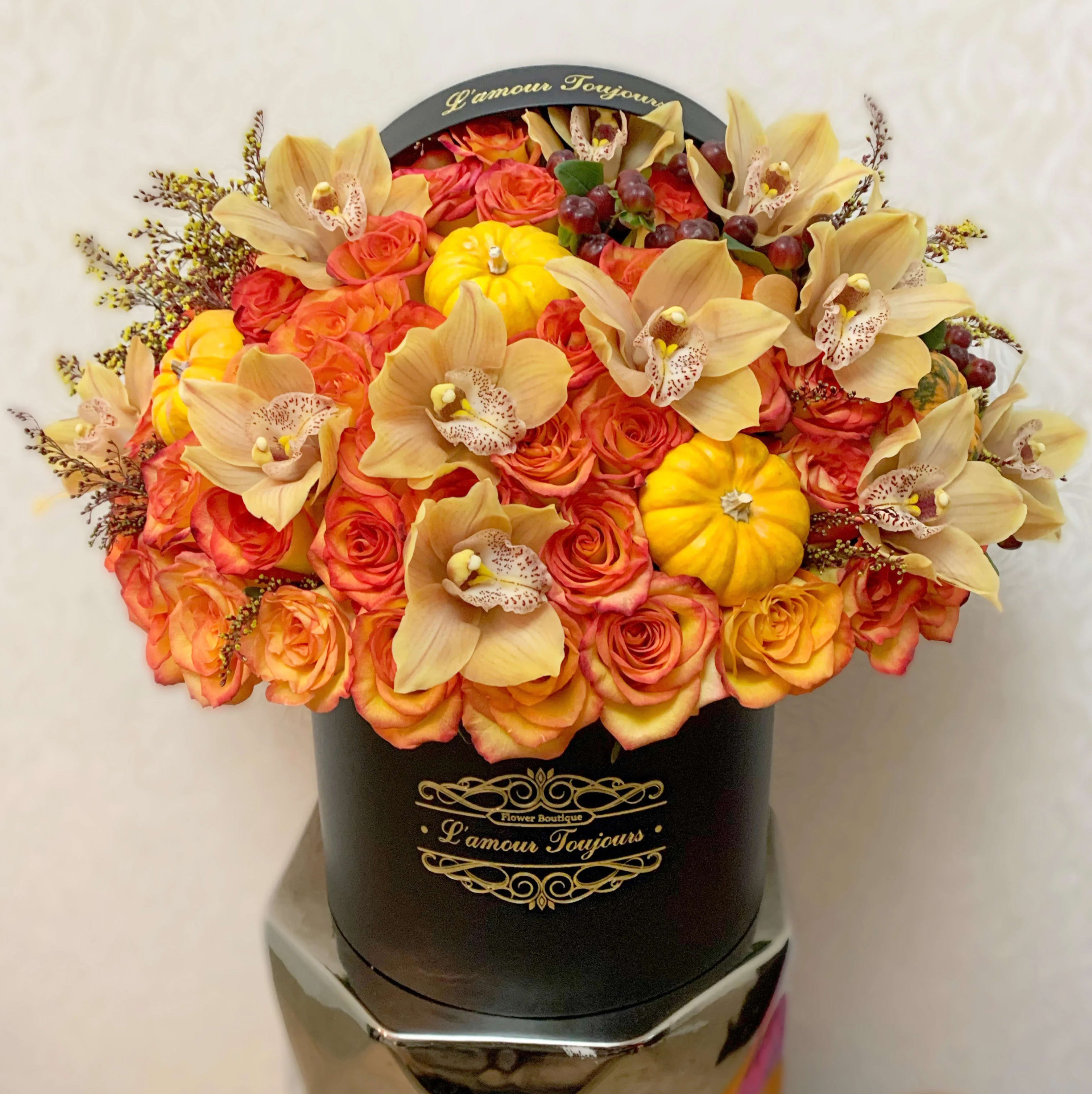 Thanksgiving Signature Flower Box - Beautiful mix of 50 fresh roses, cymbidium orchids, fall flowers and mini pumpkins in a Signature Box