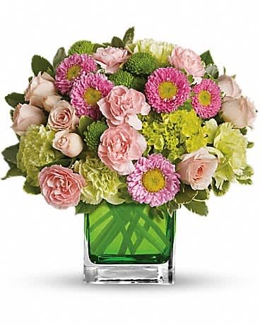 Make Her Day by Teleflora - Sweetly sophisticated, this arrangement of green miniature hydrangea and light pink spray roses presented in our citrus green glass cube is the perfect gift. Includes green miniature hydrangea, light pink spray roses, green carnations, pink miniature carnations, pink matsumoto asters and green button spray chrysanthemums accented with assorted greens. Delivered in Teleflora's glass citrus cube.