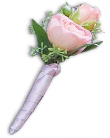 My First Boutonniere - The finishing touch for the handsome little fellow: a single coral rose accented with seeded eucalyptus and Italian ruscus. Coral rosebuds, seeded eucalyptus and Italian ruscus presented in a pink satin ribbon.