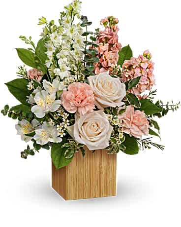 Teleflora's More Adored Bouquet - Artfully arranged in a sleek, eco-friendly bamboo cube, this whimsical bouquet of creamy blooms is the essence of adoration. CrÃ¨me roses, white larkspur, peach stock, white alstroemeria and white waxflower are arranged with variegated pittosporum, lemon leaf and spiral eucalyptus. Delivered in a Small Bamboo Cube.