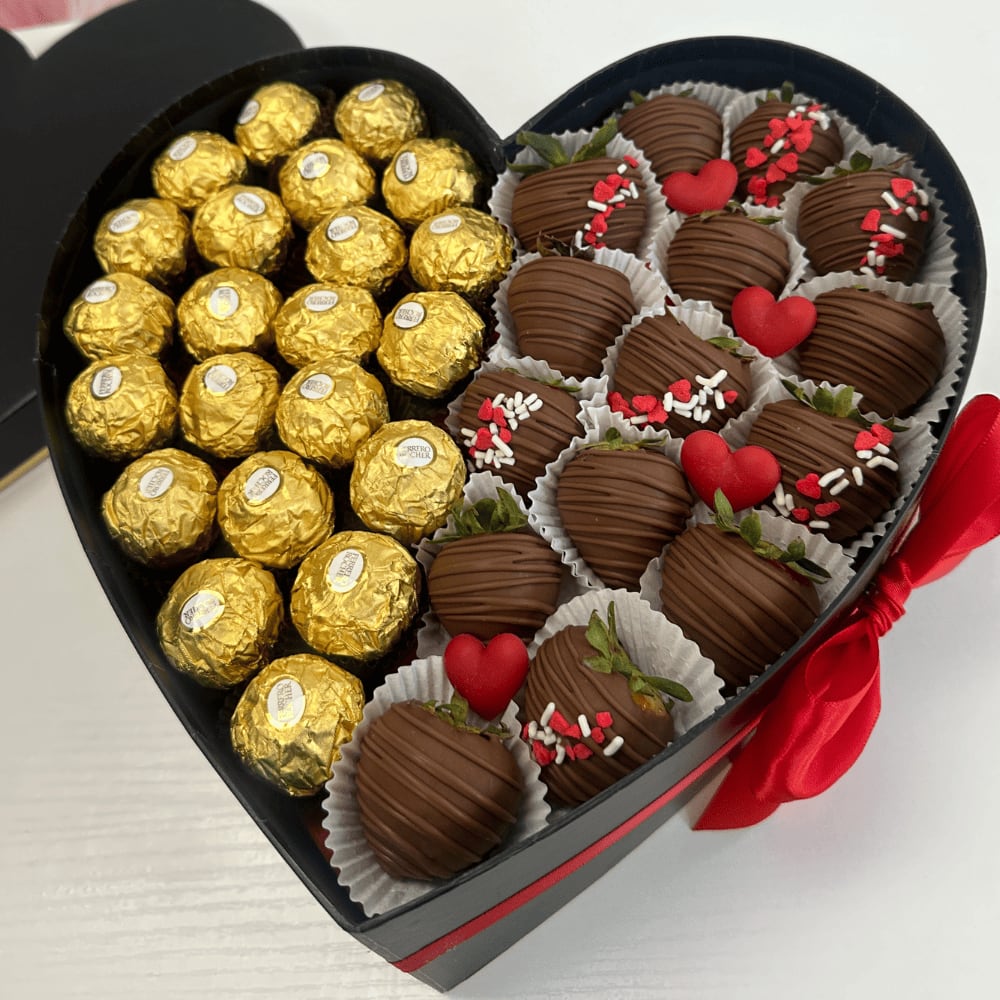 Chocolate covered &amp; Rochel Heart  - Valentine’s Day chocolate for love  Sweet Chocolate Covered Strawerries and Chocolate rochel  Heart Box #valentinesday #love