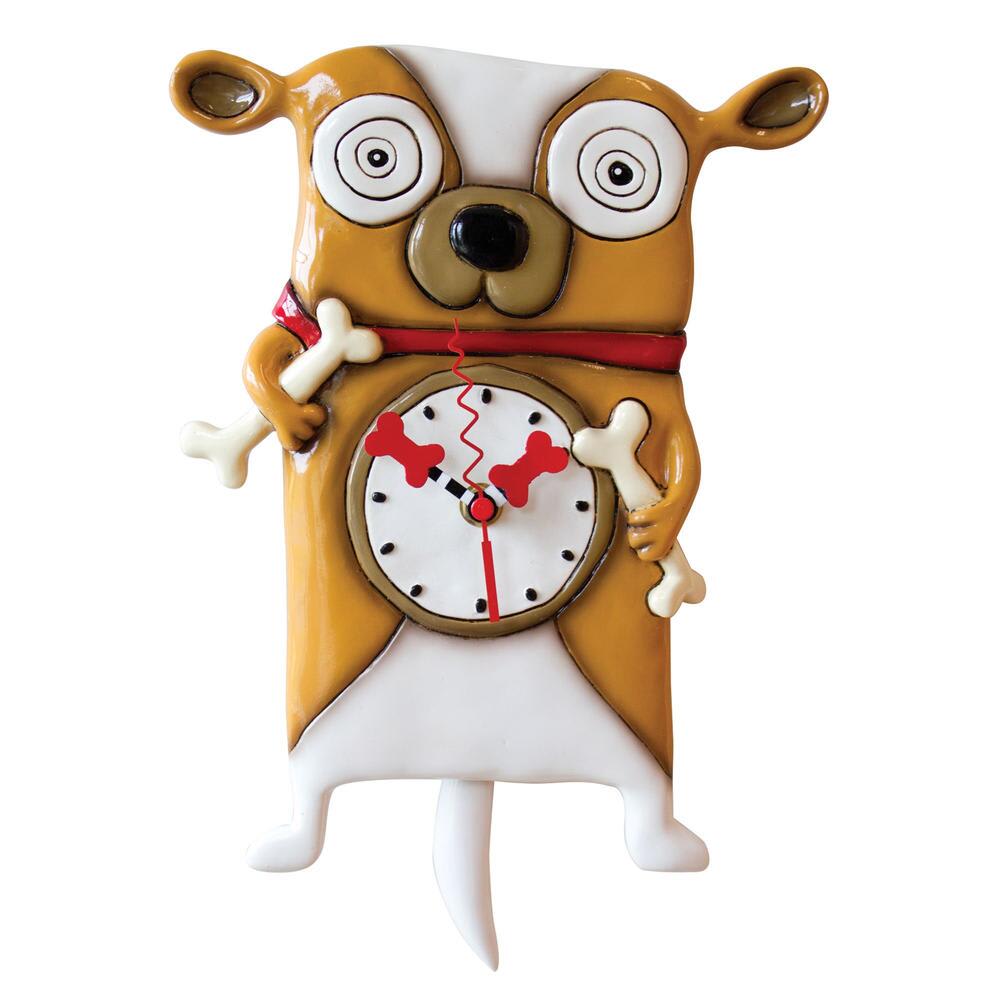 Allen Designs Roofus Clock - Isn't this dog a character? Roofus is full of personality and charm! His goofy grin and wide eyes are sure evidence of his charisma. With his happy tail wagging, Roofus is sure to bring a smile when checking the time. Materials Polyresin  Measurements of Product 12 in H x 2 in W x 8 in L