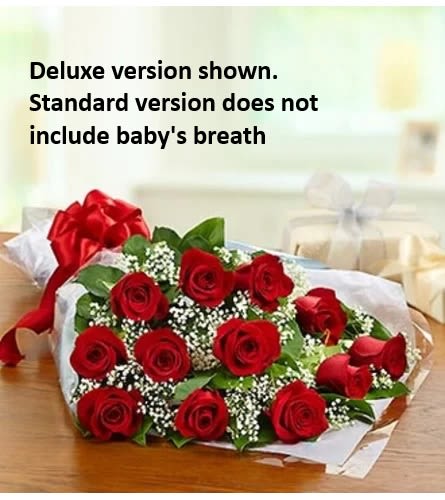 Rose Bouquet - 1 dozen red roses wrapped with greenery done presentation style. Ready for you to arrange in your own vase. Standard version does not include Baby's Breath, to add Baby's Breath select Deluxe version. Deluxe version is shown. Other colors are available please call shop to check on availability.