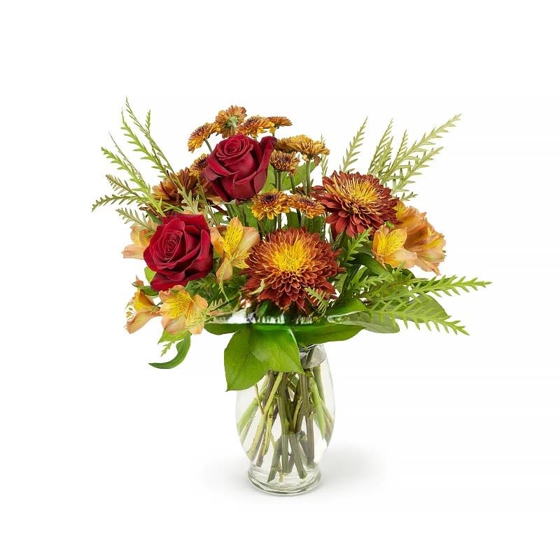A Touch of Fall - Fall disbuds, button chrysanthemums, fall alstroemeria, red roses and bright green salah combine to bring a touch of fall.   