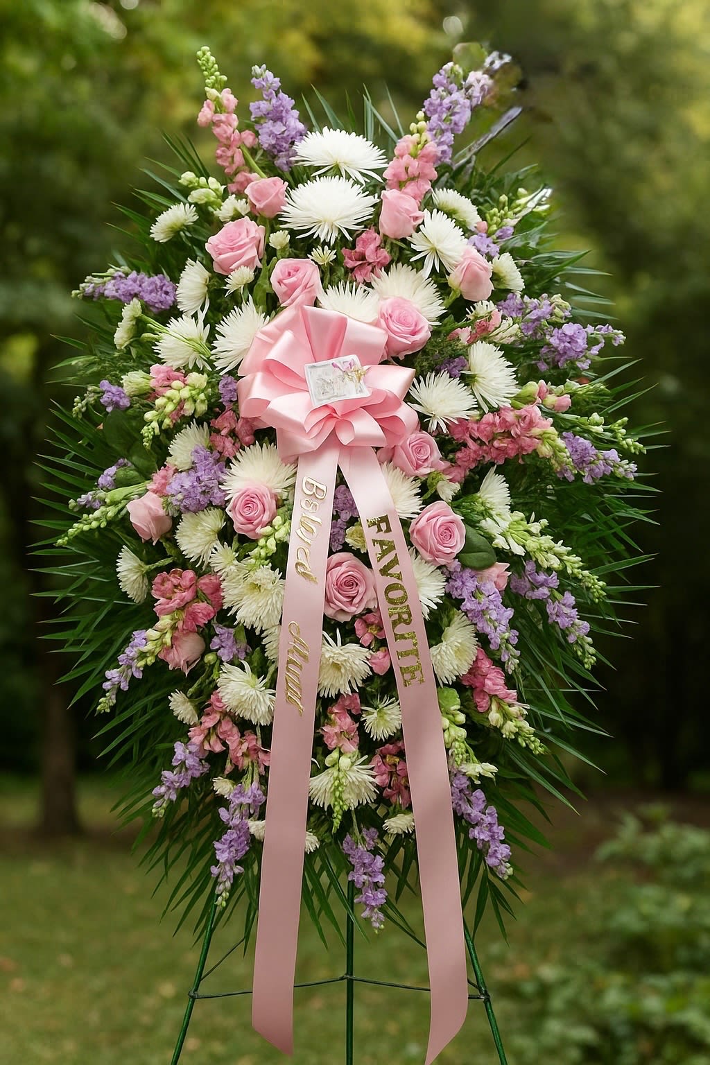 Standing spray white, pinks  - This funeral spray is a beautiful and elegant arrangement featuring a mix of soft pink, lavender, and white flowers, including roses, snapdragons, and chrysanthemums, accented with lush greenery. The design is displayed on a standing easel, adorned with a large pink satin bow at the center, from which two long ribbons cascade down. The ribbons bear gold lettering that reads “Beloved Aunt” and “Favorite,” adding a heartfelt, personal tribute. It conveys love, remembrance, and honor.
