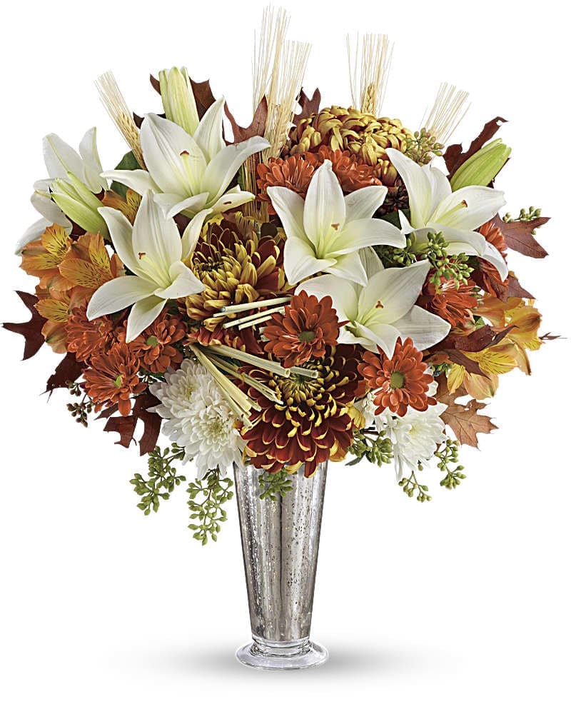 Harvest Splendor Bouquet Harvest Splendor Bouquet - This beautiful bouquet of warm autumnal blooms and crisp white lilies, arranged in our elegant mercury glass julep, is sure to delight! This fall bouquet includes white asiatic lilies, dark orange alstroemeria, white cushion chrysanthemums, rust-colored daisy chrysanthemums, bronze disbud chrysanthemums, seeded eucalyptus, oak leaves and wheat.