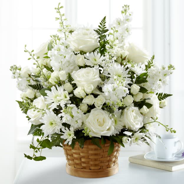 TLSP The FTD Heartfelt Condolences  - White roses, cushion poms, larkspur