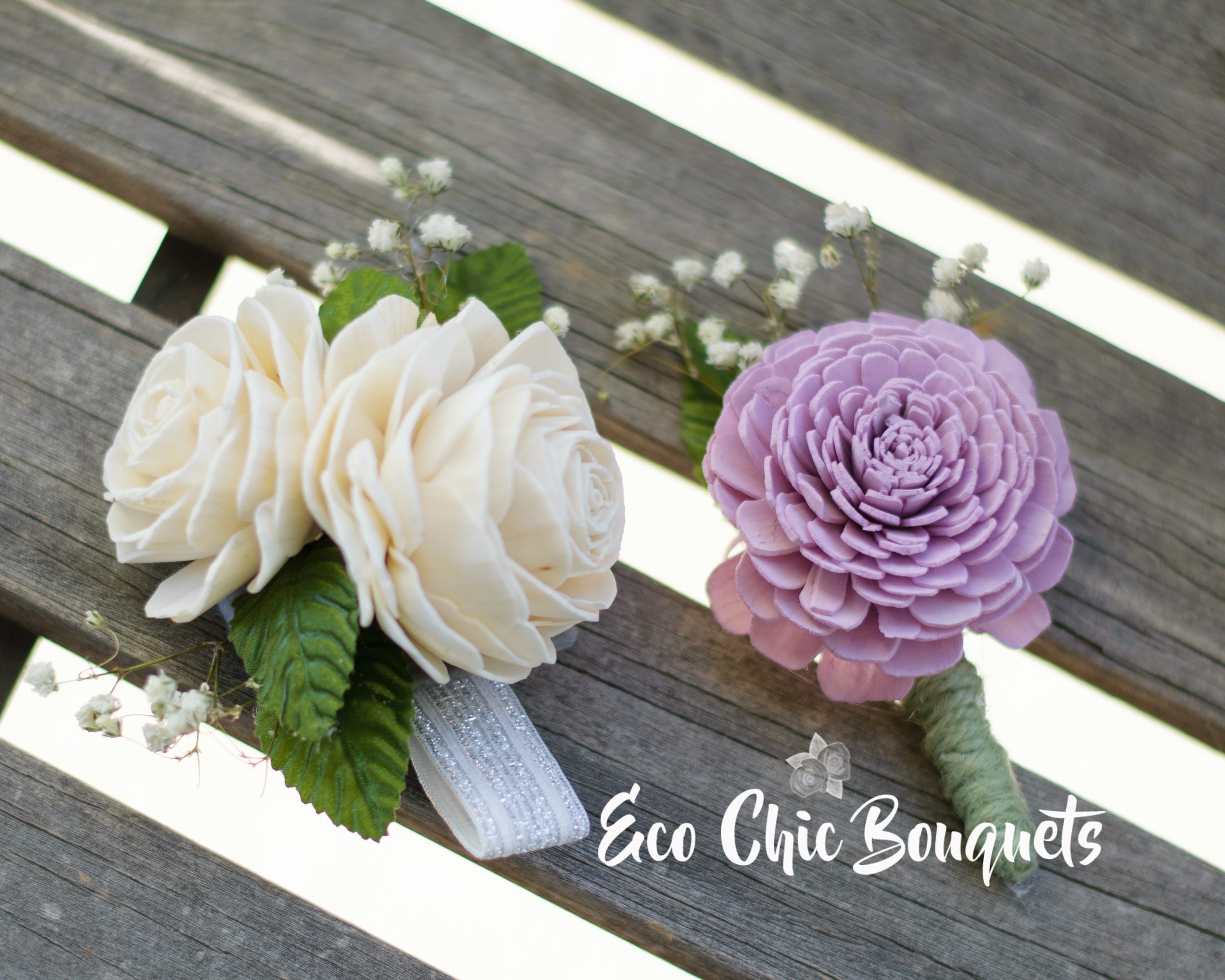 Corsage &amp; Boutonnière Pair - Wood Flowers - These are made of wood flowers carved from the stems of the tapioca plant and handmade by artisans.  Your choice of three sizes, standard, deluxe and premium. Colors can be customized to your color pallete.  Include colors in order comments.  Processing takes 5-7 days. 