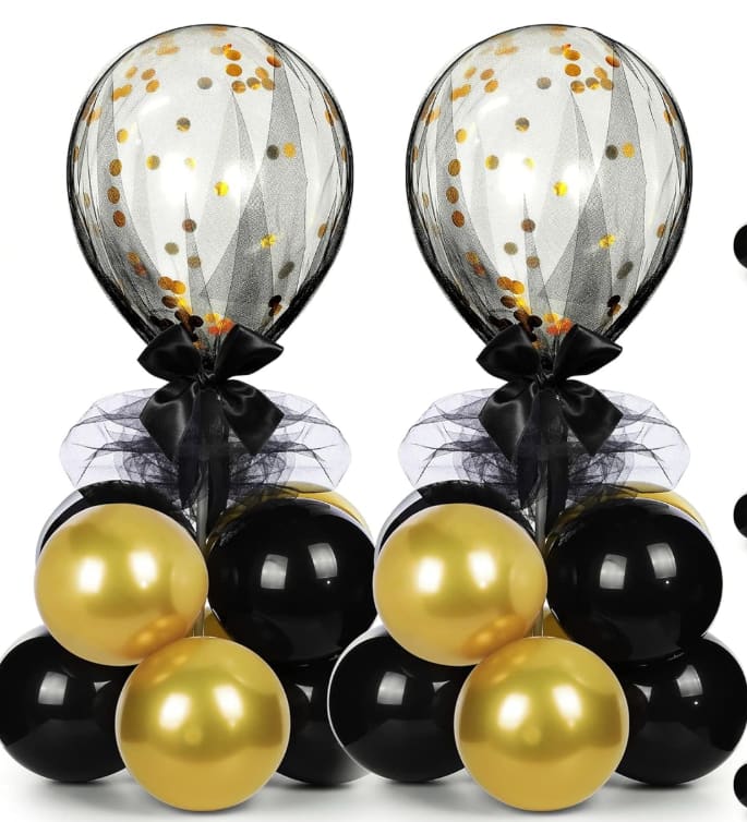 Black/Gold Tabletop Centerpieces - These black/gold centerpieces will look great for your next party or event. If the colors don't fit your vision give us a call to discuss color options 757-805-4555.  *Price is for ONE tabletop centerpiece To get 2 arrangements you must order 2 times or more for quanity desired