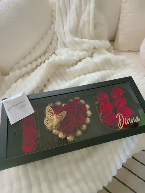 Deep Love Gift Box Deep Love Gift Box - Say “I love you” in the most unforgettable way.  This elegant luxury box spells out “I ️ U” with premium Ecuadorian roses and delicious Ferrero Rocher chocolates, creating a stunning heart centerpiece. Adorned with golden butterflies and presented in a keepsake box, it’s the perfect gift to express deep, romantic love. Ideal for anniversaries, proposals, birthdays, or just because.   Available for next-day or same-day delivery (Midland/Odessa).   Freshly made upon order