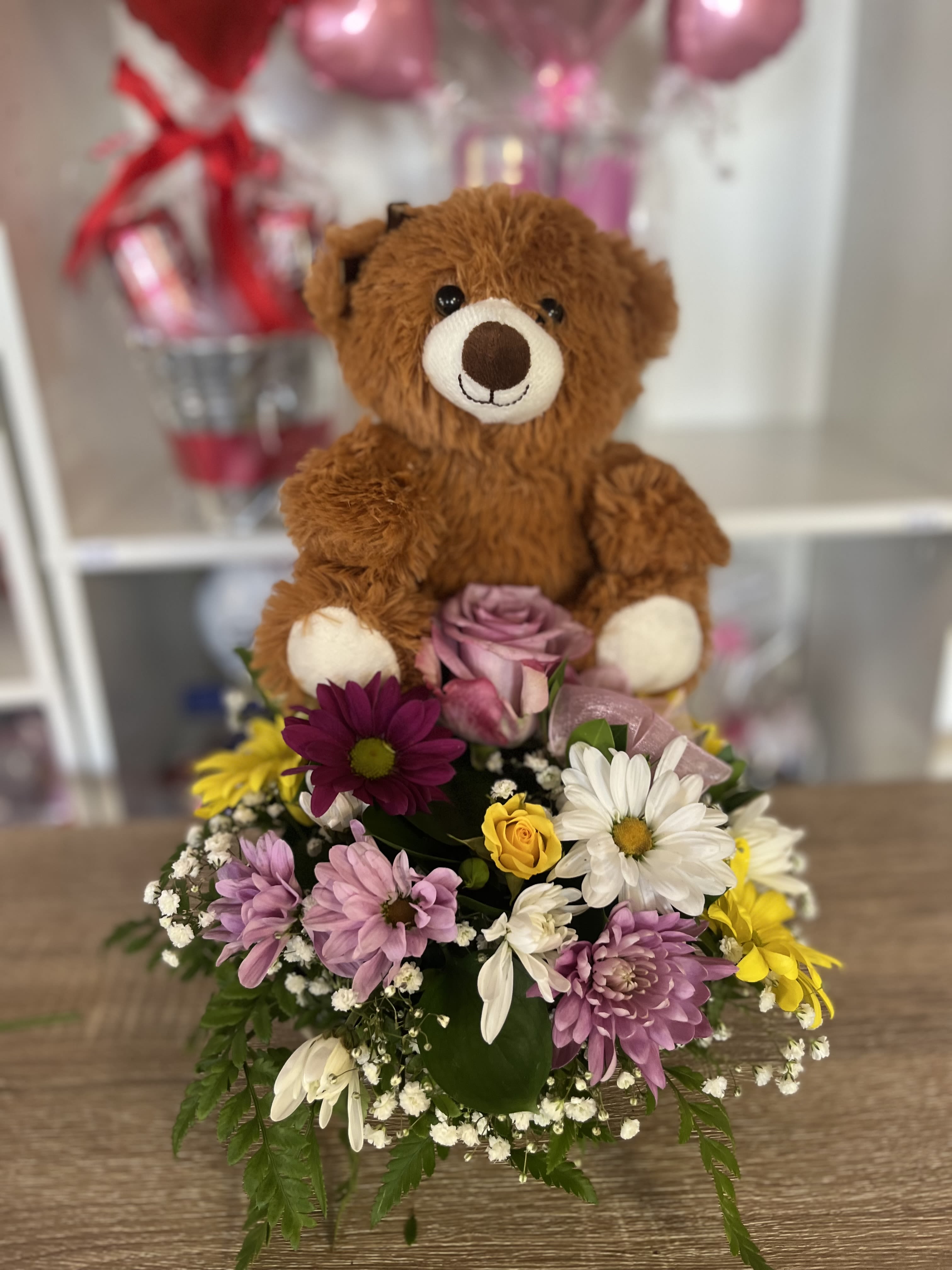 Floral Bear  - fresh basket of flowers with brown bear 