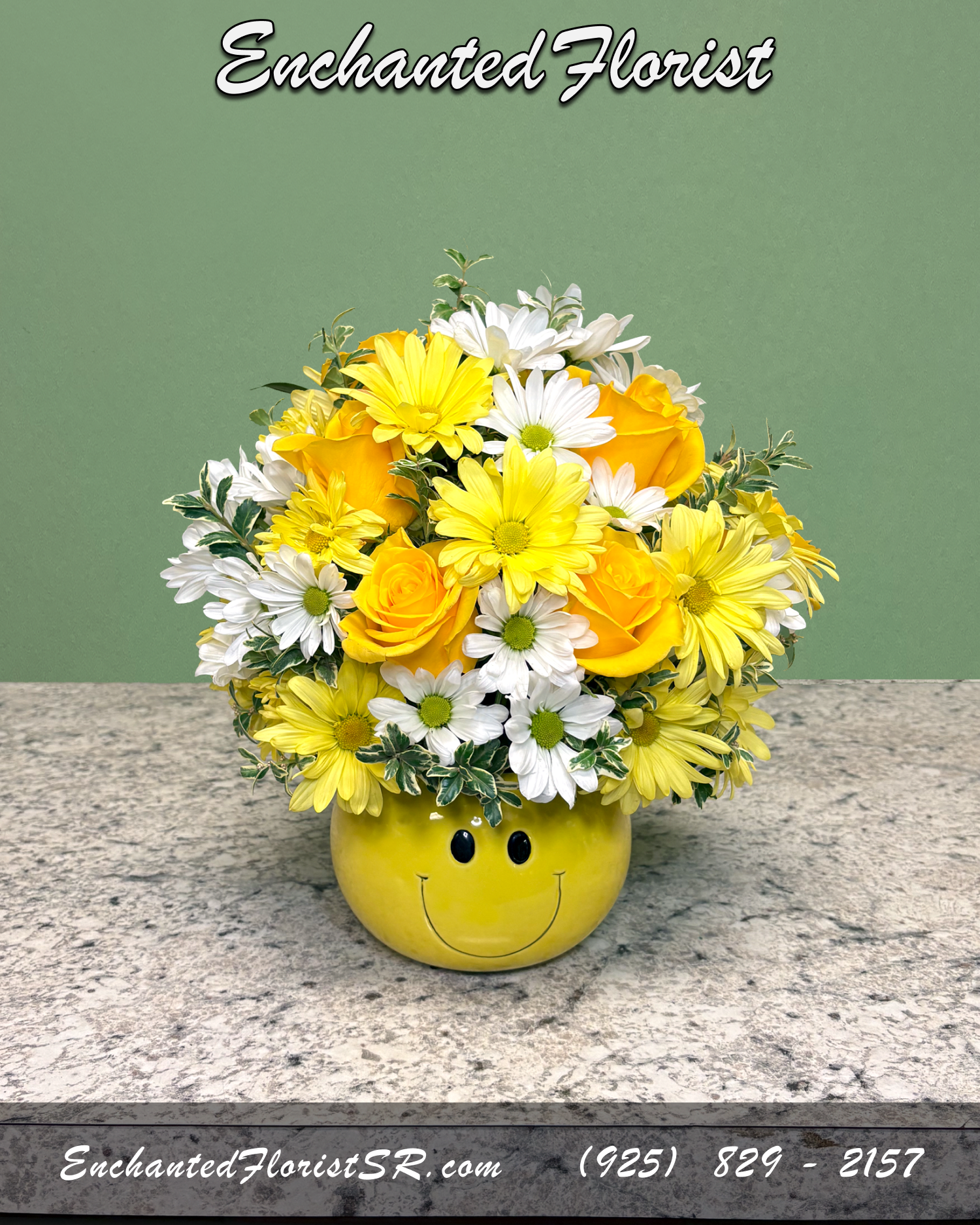 Happiness - Mixed Arrangement - A cheerful arrangement designed to brighten any day, featuring vibrant yellow roses, cushion mums, and classic white daisy poms. Accented with fresh oregonia and presented in a keepsake yellow ceramic smiley face vase!  Perfect for celebrating milestones, sending get-well wishes, or simply sharing a smile. Also great for kids!  Arrives In: Yellow ceramic smiley face keepsake vase  Orientation: All-Sided  Approximate Dimensions: 10&quot; Tall 8&quot; Wide 5&quot; Vase Diameter