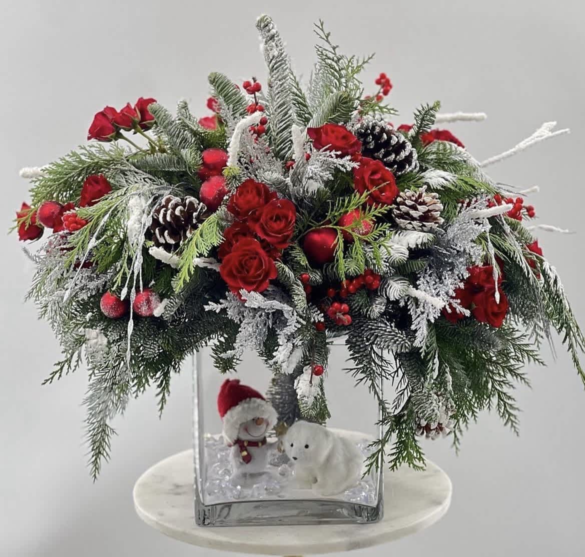 Winter celebration with entertainment - Fun looking arrangement and a beautiful centerpiece for Winter party. Great Birthday gift idea for December and New Year ! 